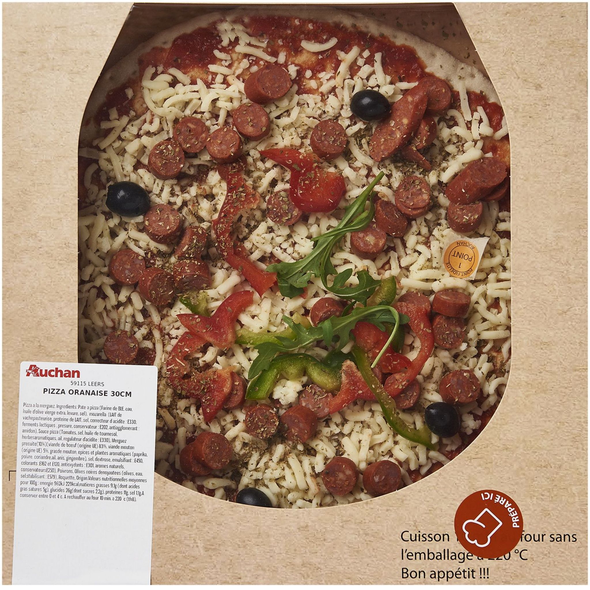 Voir la diapositive 2 : AUCHAN LE TRAITEUR Pizza crue oranaise aux merguez et poivrons 580g