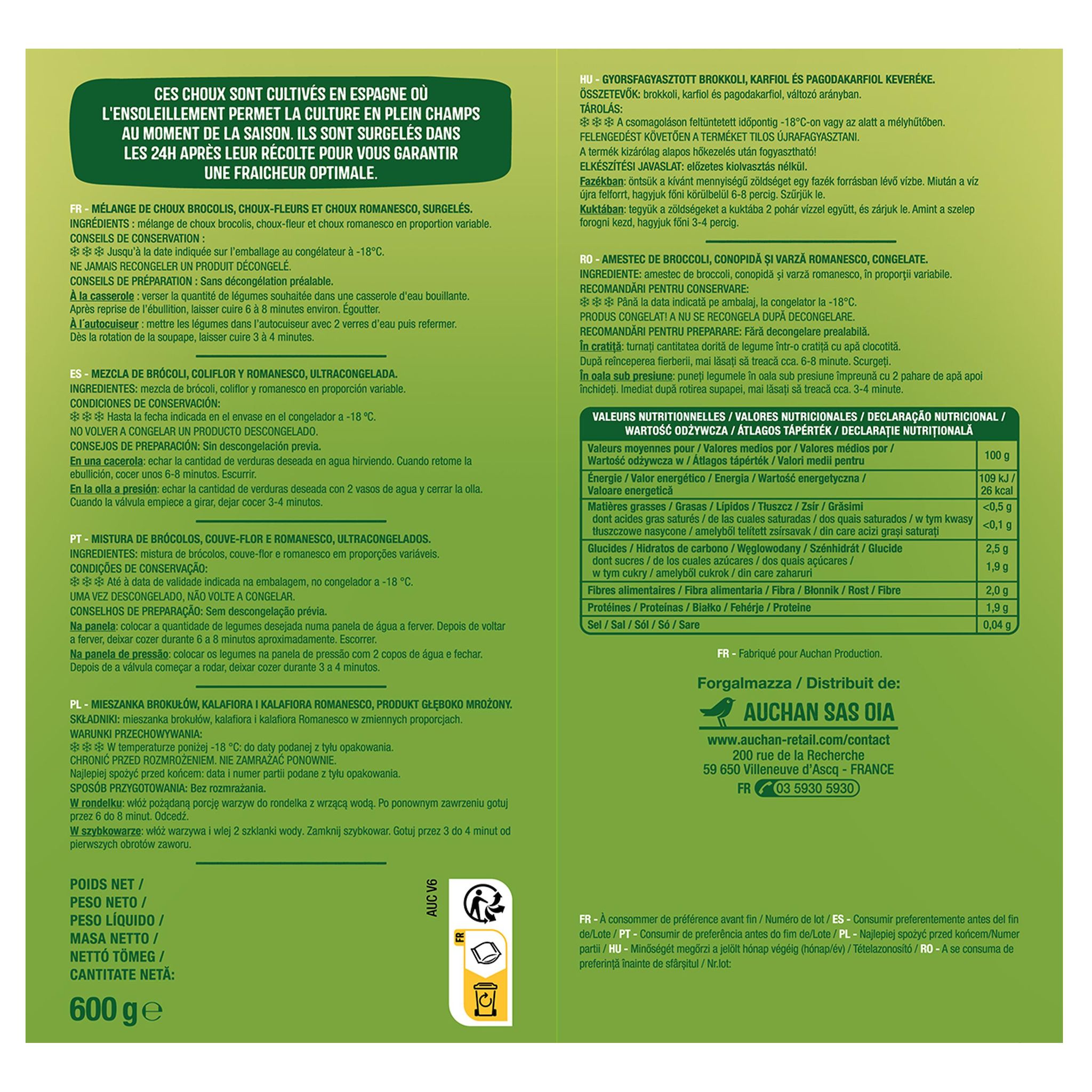 Voir la diapositive 4 : AUCHAN Trio de choux fleurettes 5 portions 600g