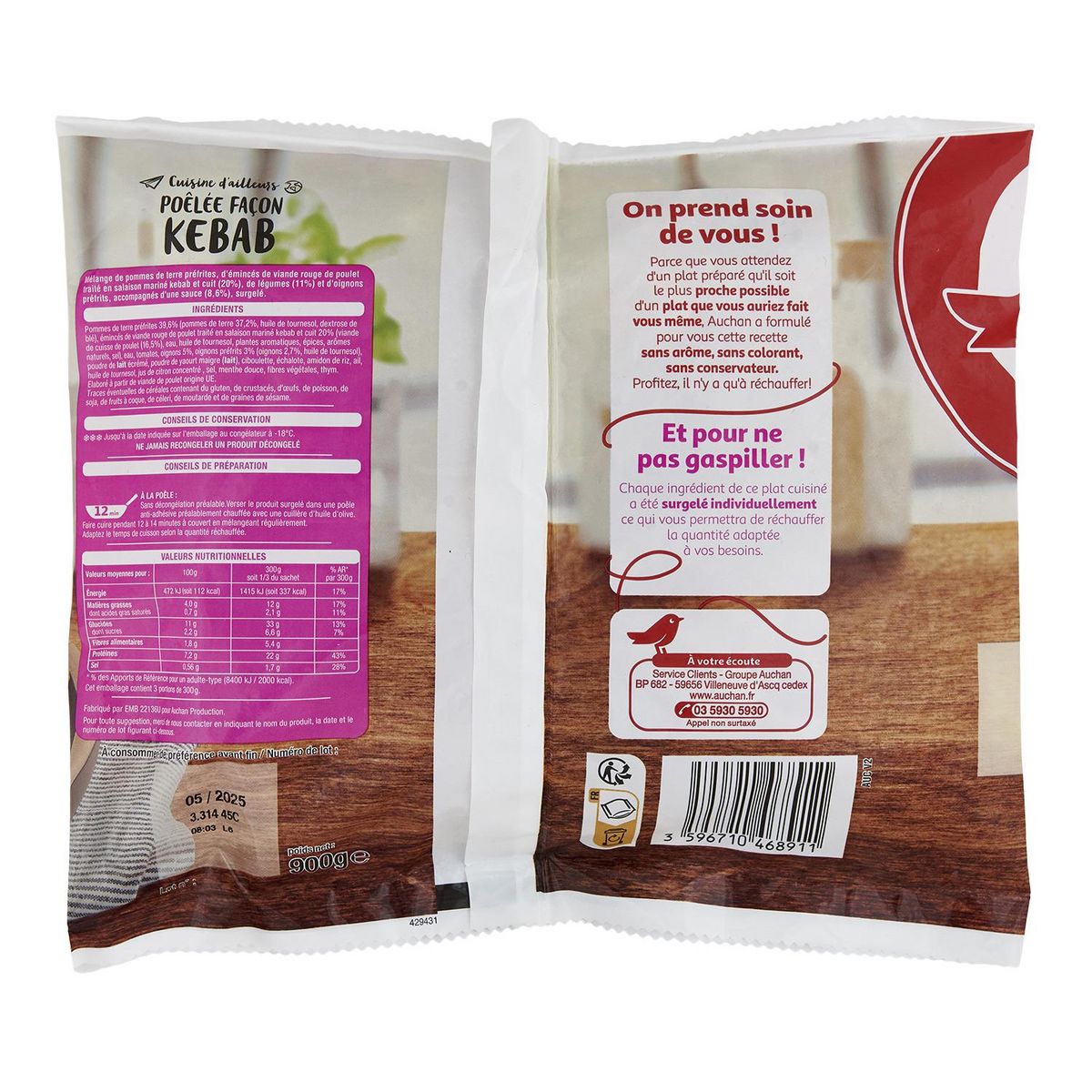 AUCHAN Poêlée façon kebab 3 portions 900g