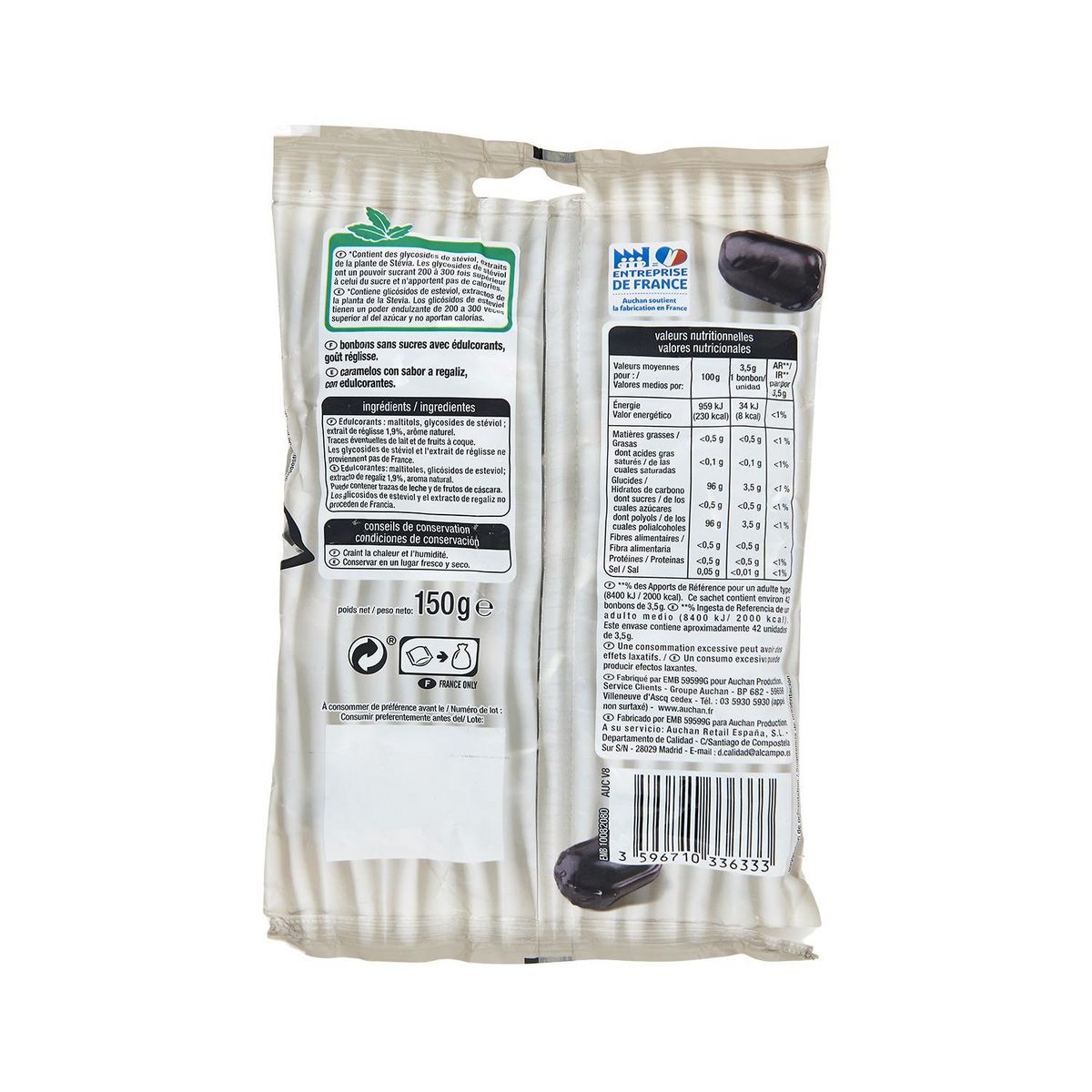 AUCHAN Bonbons goût réglisse sans sucres à l'extrait de Stévia Environ 42 bonbons 150g