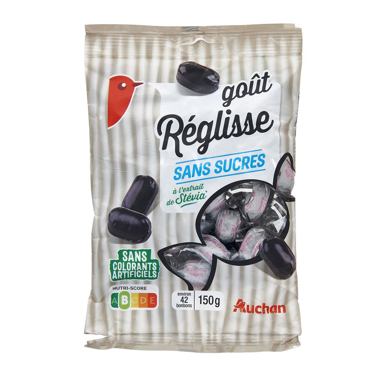 AUCHAN Bonbons goût réglisse sans sucres à l'extrait de Stévia Environ 42 bonbons 150g