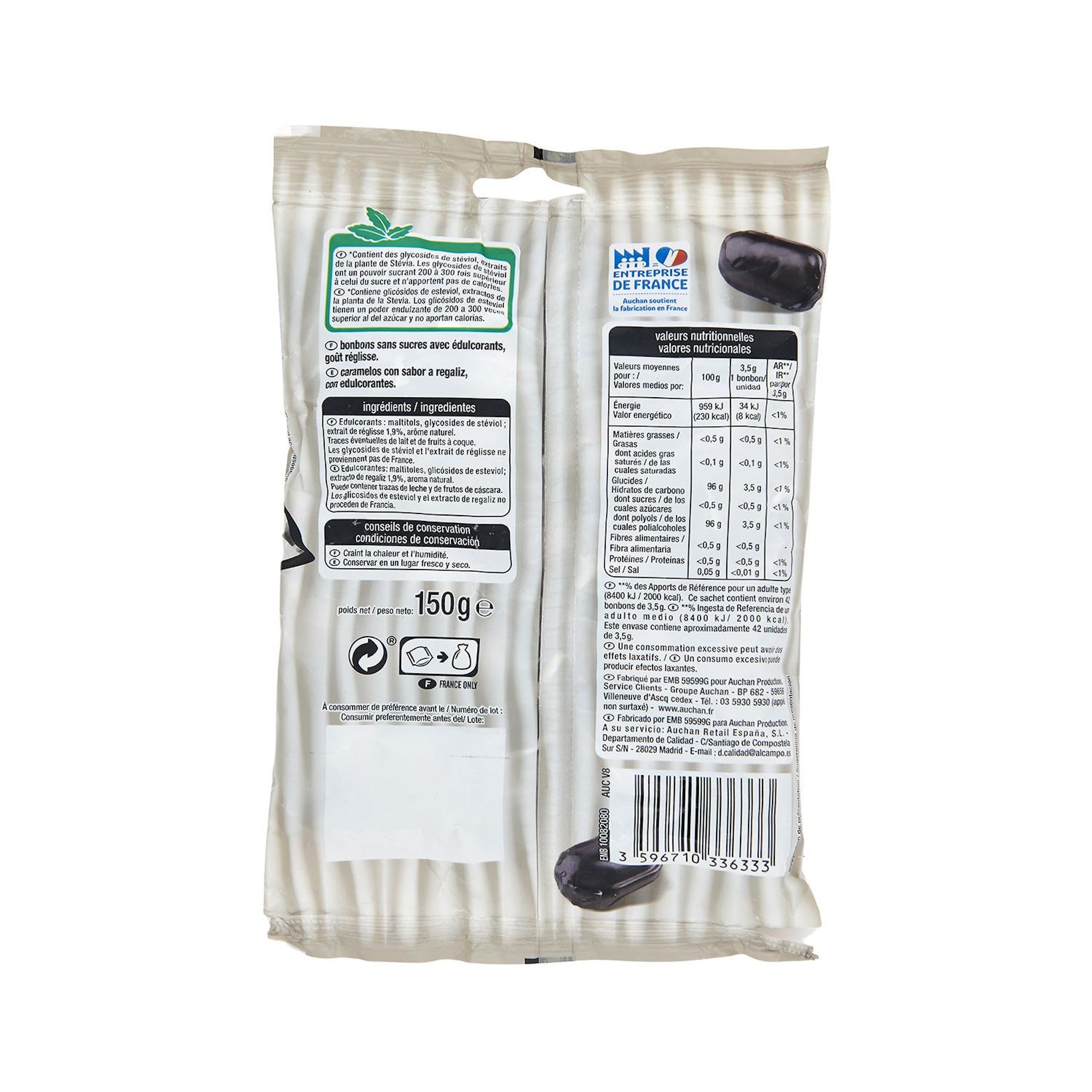 Voir la diapositive 3 : AUCHAN Bonbons goût réglisse sans sucres à l'extrait de Stévia Environ 42 bonbons 150g