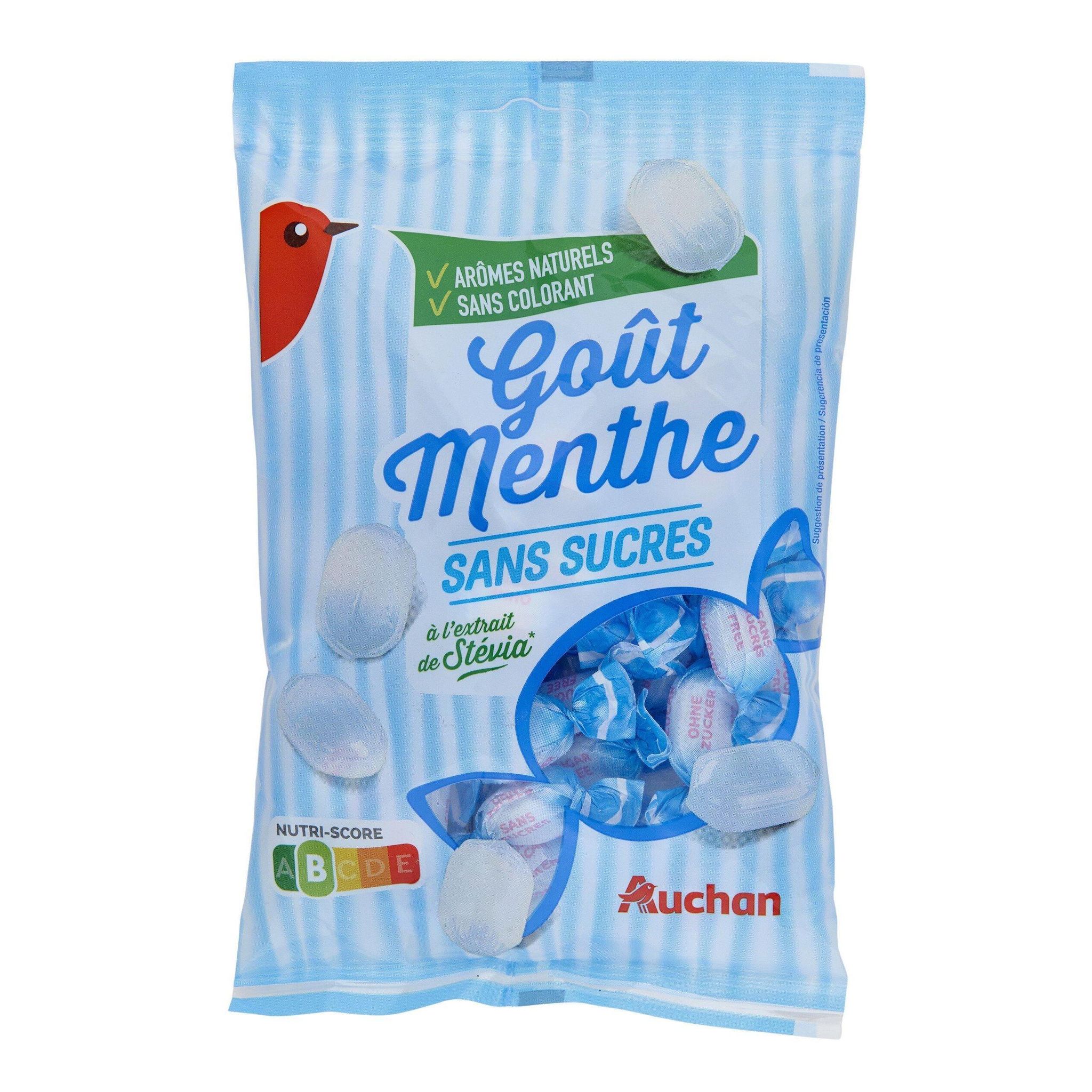 Voir la diapositive 2 : AUCHAN Bonbons à la menthe sans sucres et colorants artificiels 150g