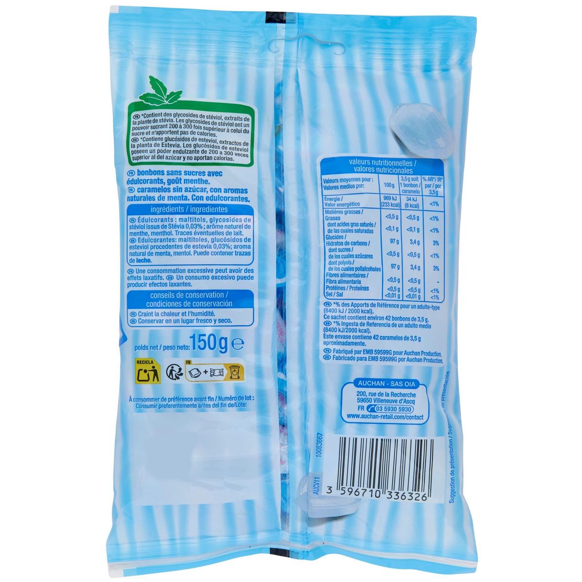 AUCHAN Bonbons à la menthe sans sucres et colorants artificiels 150g