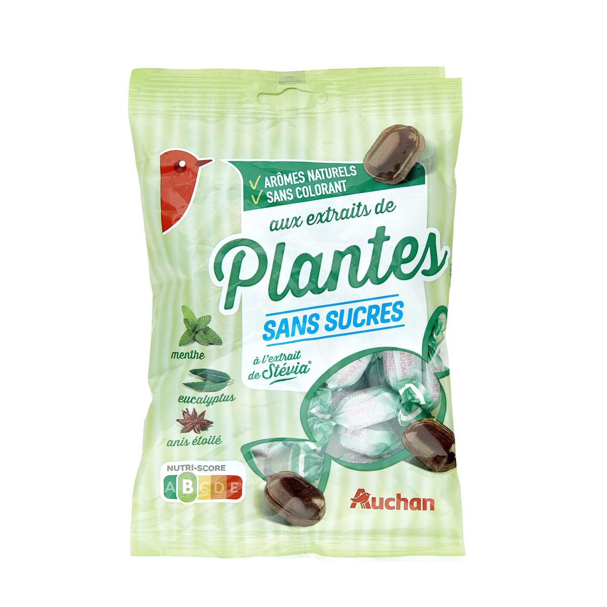 AUCHAN Bonbons aux plantes sans sucres à la stévia 42 bonbons 150g