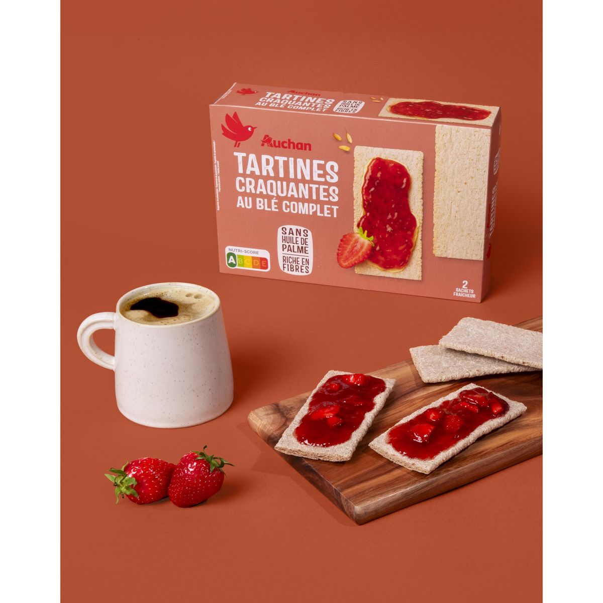 AUCHAN Tartines craquantes au blé complet sans huile de palme 2x22 biscottes 250g