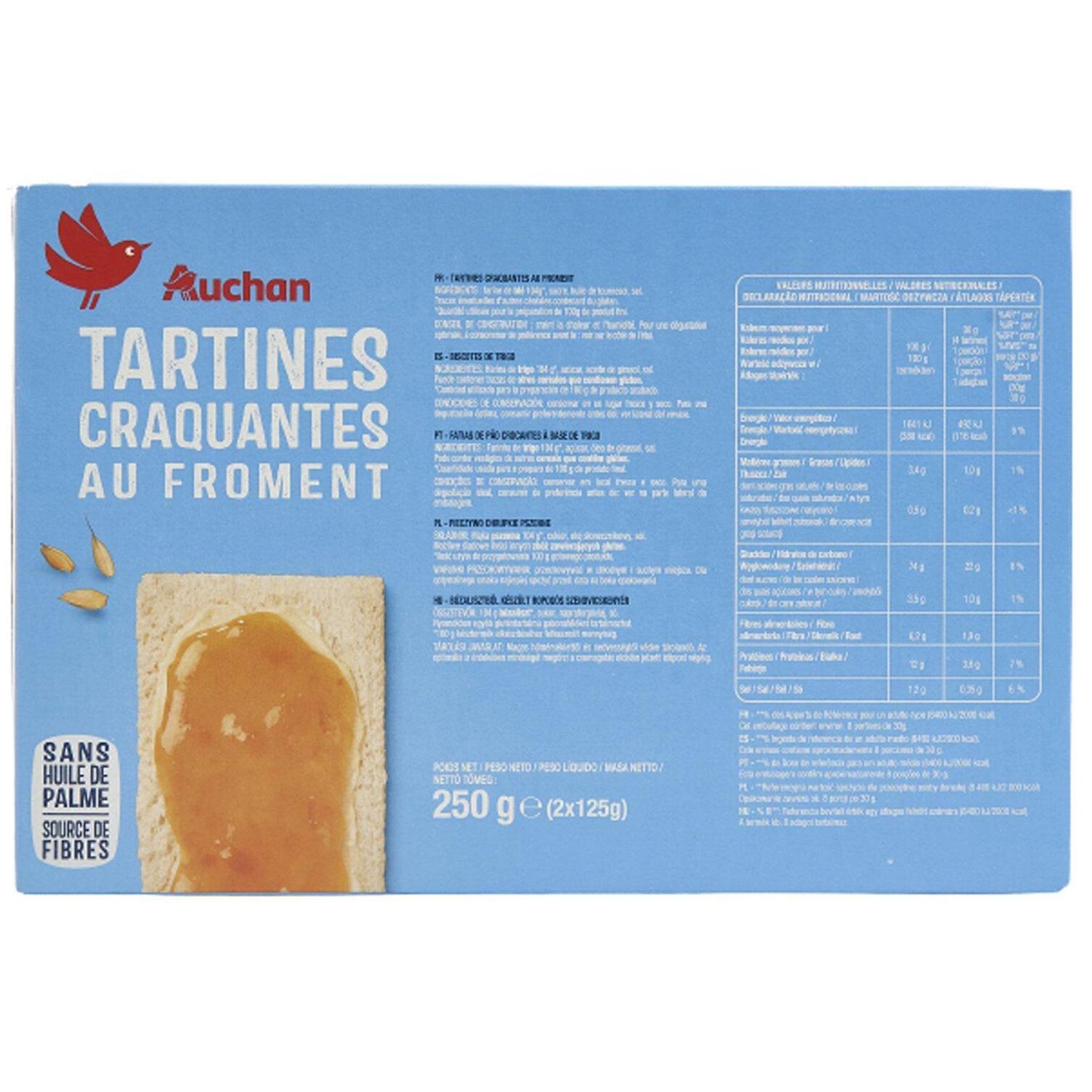 Voir la diapositive 2 : AUCHAN Tartines craquantes au froment sans huile de palme 2x22 biscottes 250g