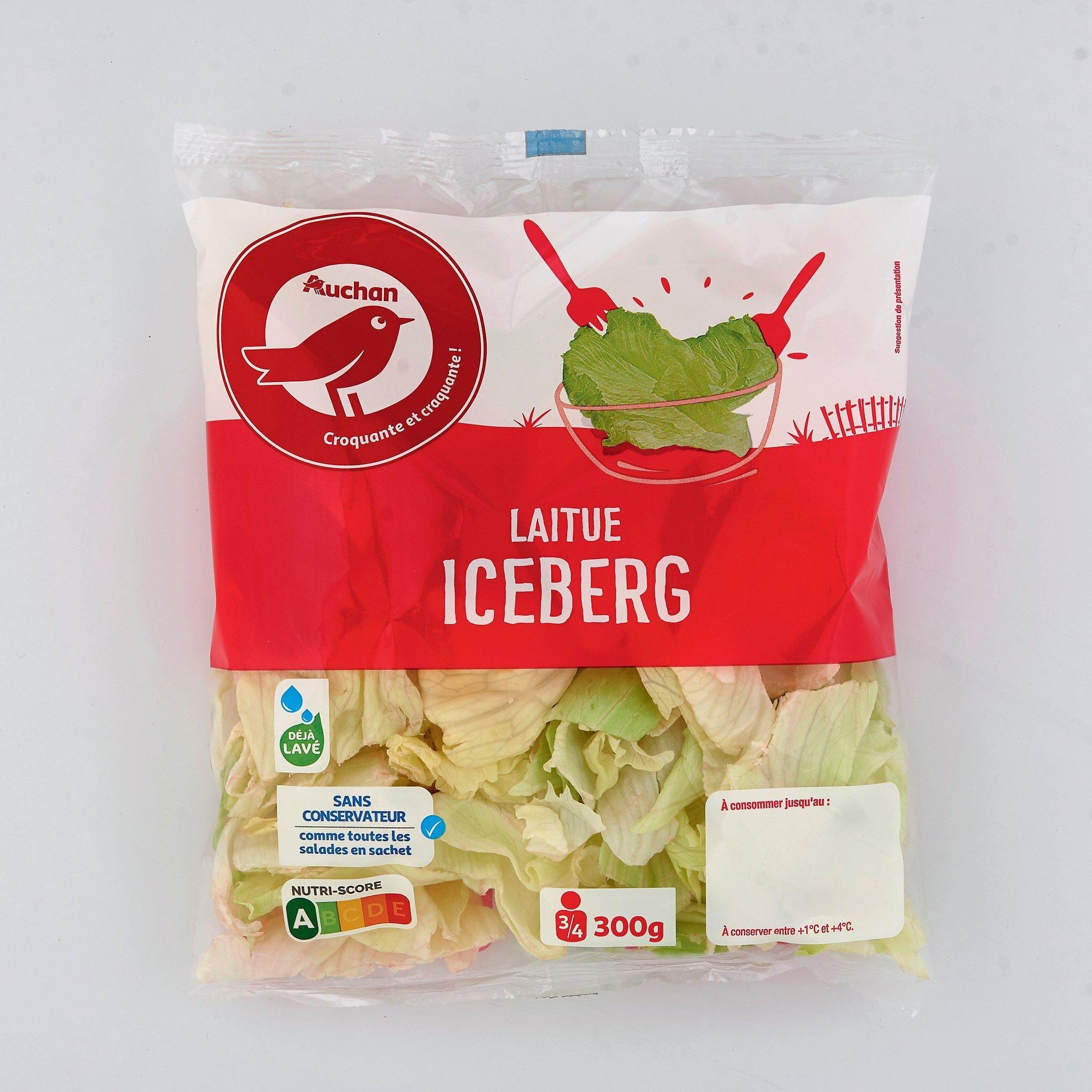 Voir la diapositive 2 : AUCHAN Laitue iceberg 3-4 parts 300g