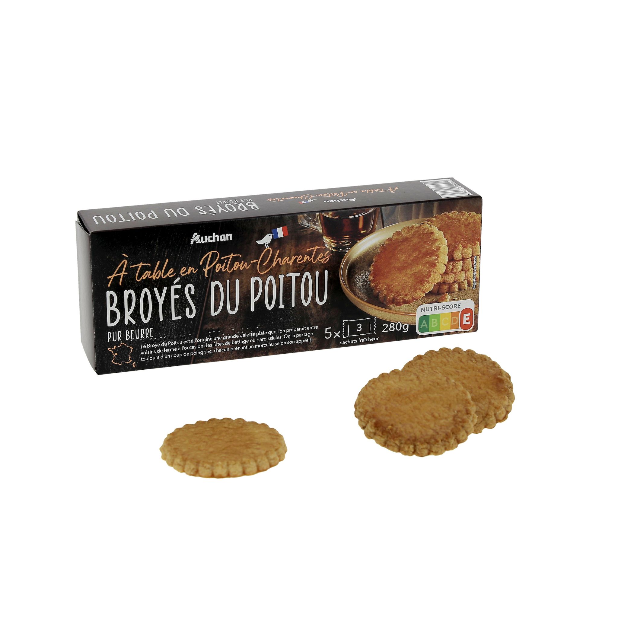 Voir la diapositive 3 : AUCHAN TERROIR Broyés du Poitou galettes pur beurre 5x3 galettes 280g