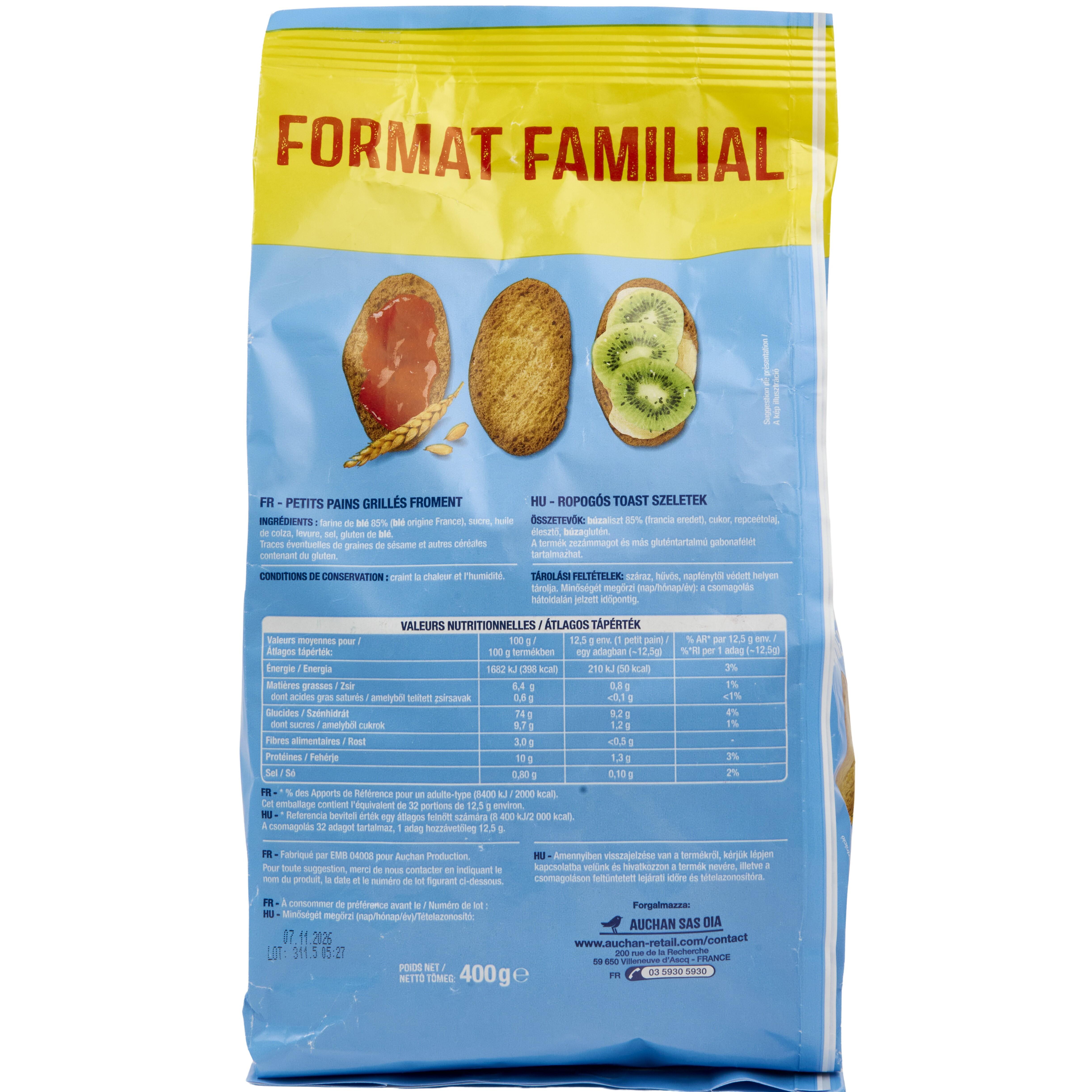 Voir la diapositive 2 : AUCHAN Petits pains grillés au froment sans huile de palme environ 32 petits pains 400g