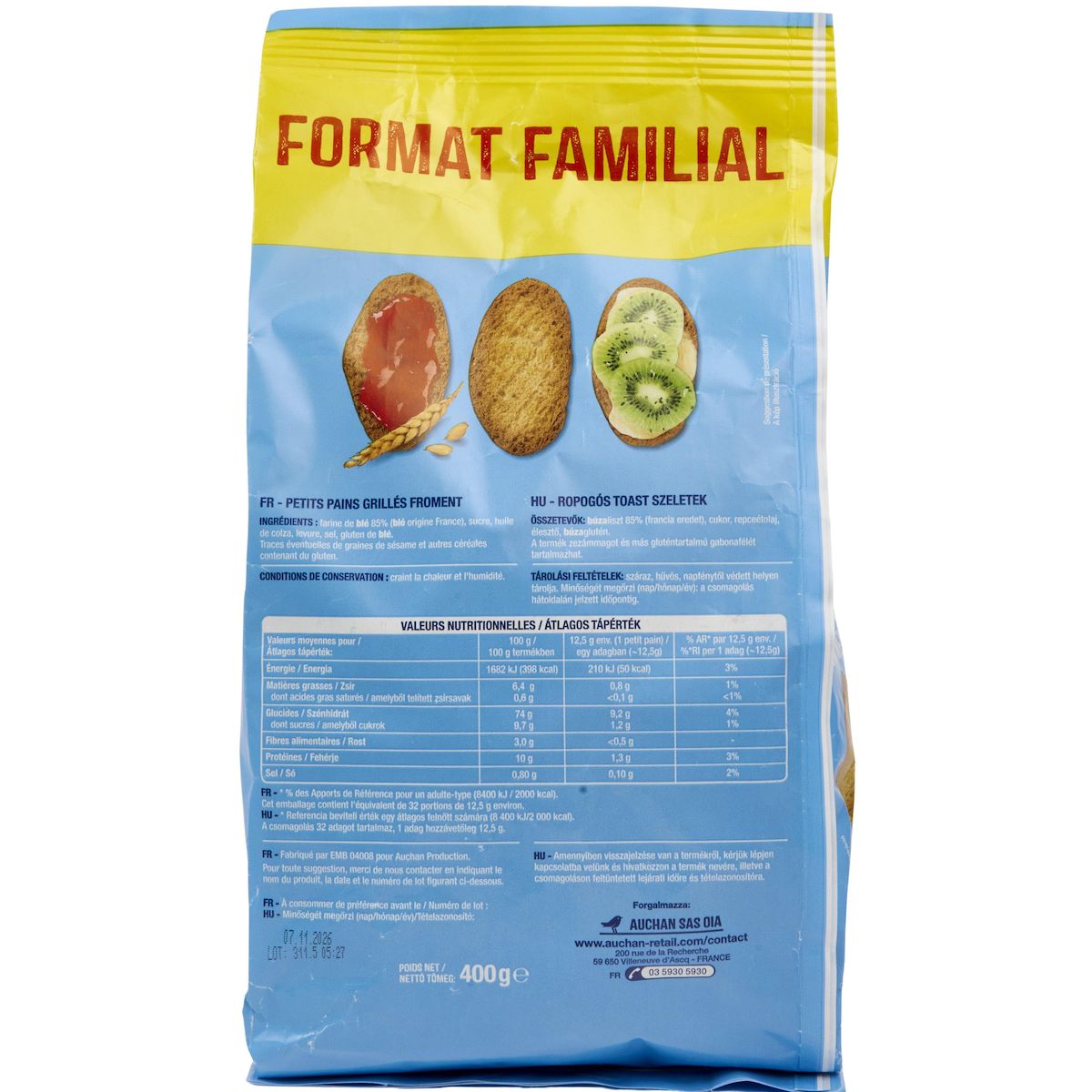 AUCHAN Petits pains grillés au froment sans huile de palme environ 32 petits pains 400g