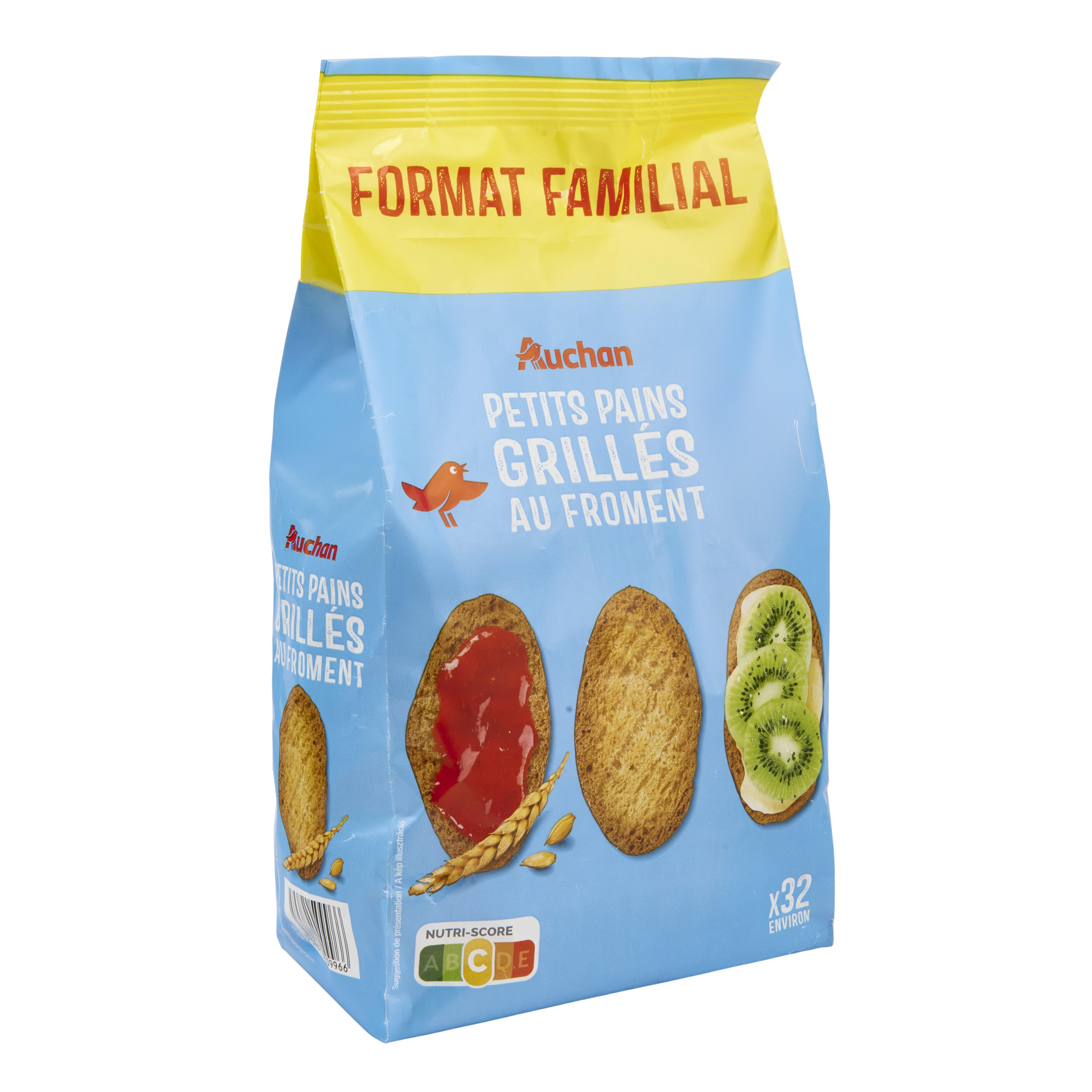 Voir la diapositive 3 : AUCHAN Petits pains grillés au froment sans huile de palme environ 32 petits pains 400g