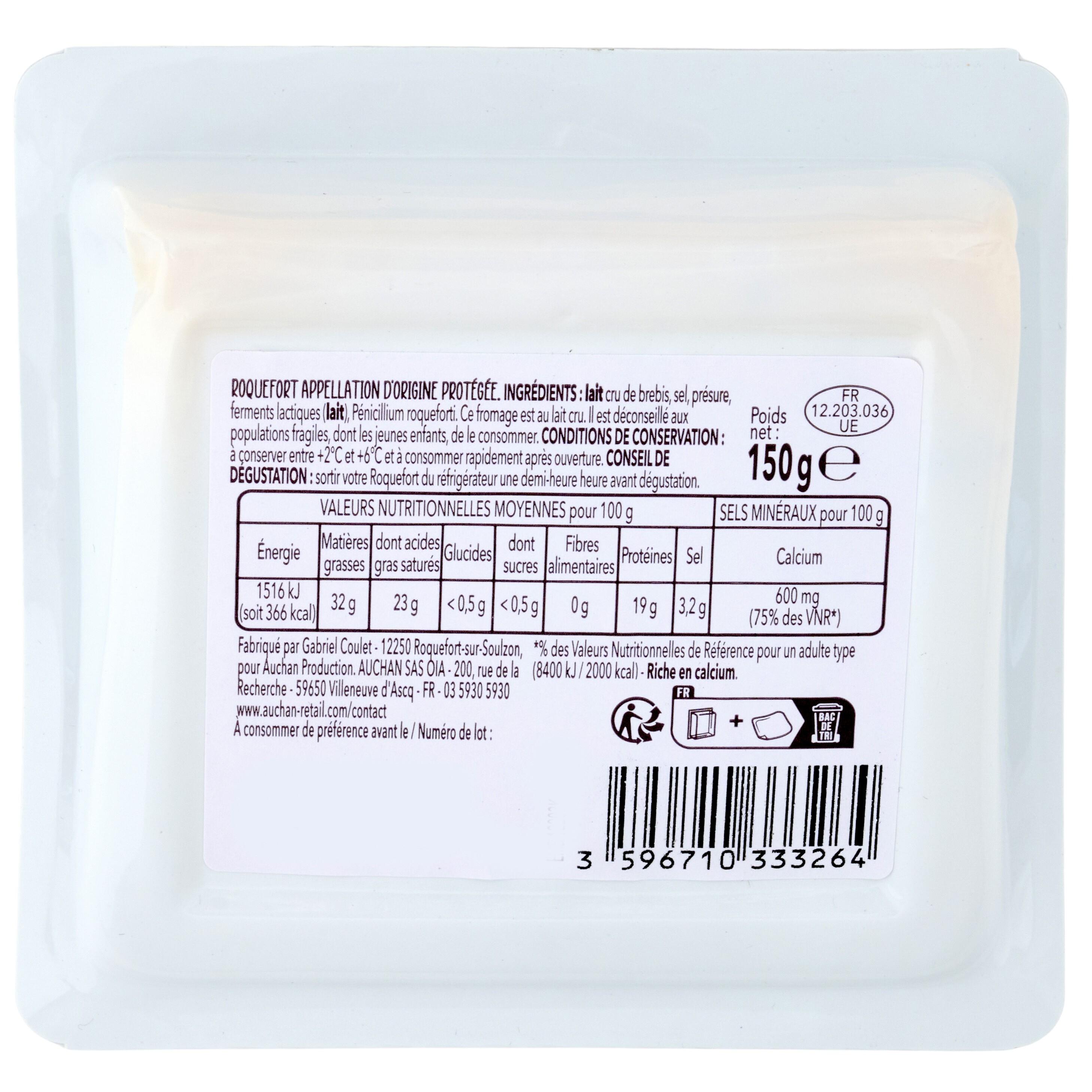 Voir la diapositive 2 : AUCHAN TERROIR CULTIVONS LE BON Roquefort au lait cru de brebis AOP 150g