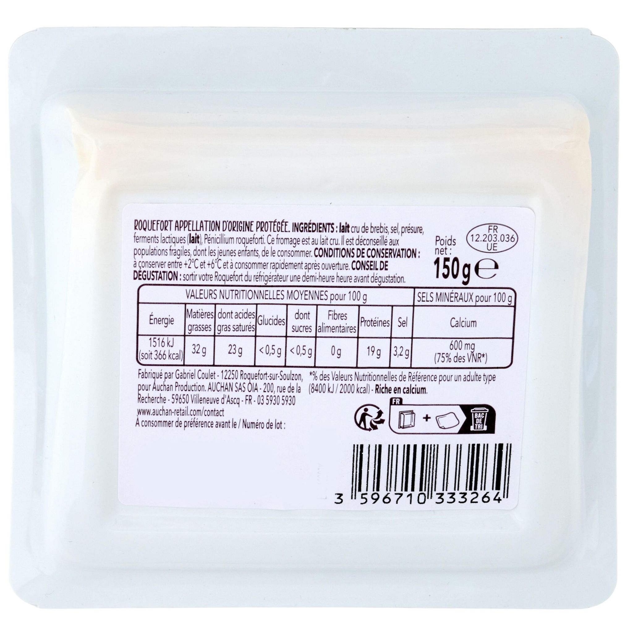 Voir la diapositive 2 : AUCHAN TERROIR CULTIVONS LE BON Roquefort au lait cru de brebis AOP 150g