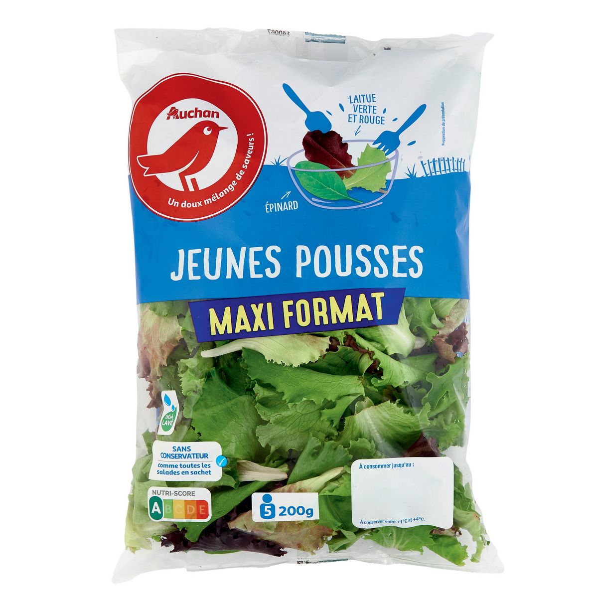 AUCHAN Jeunes pousses d'épinards et de laitues vertes et rouges 5 parts 200g