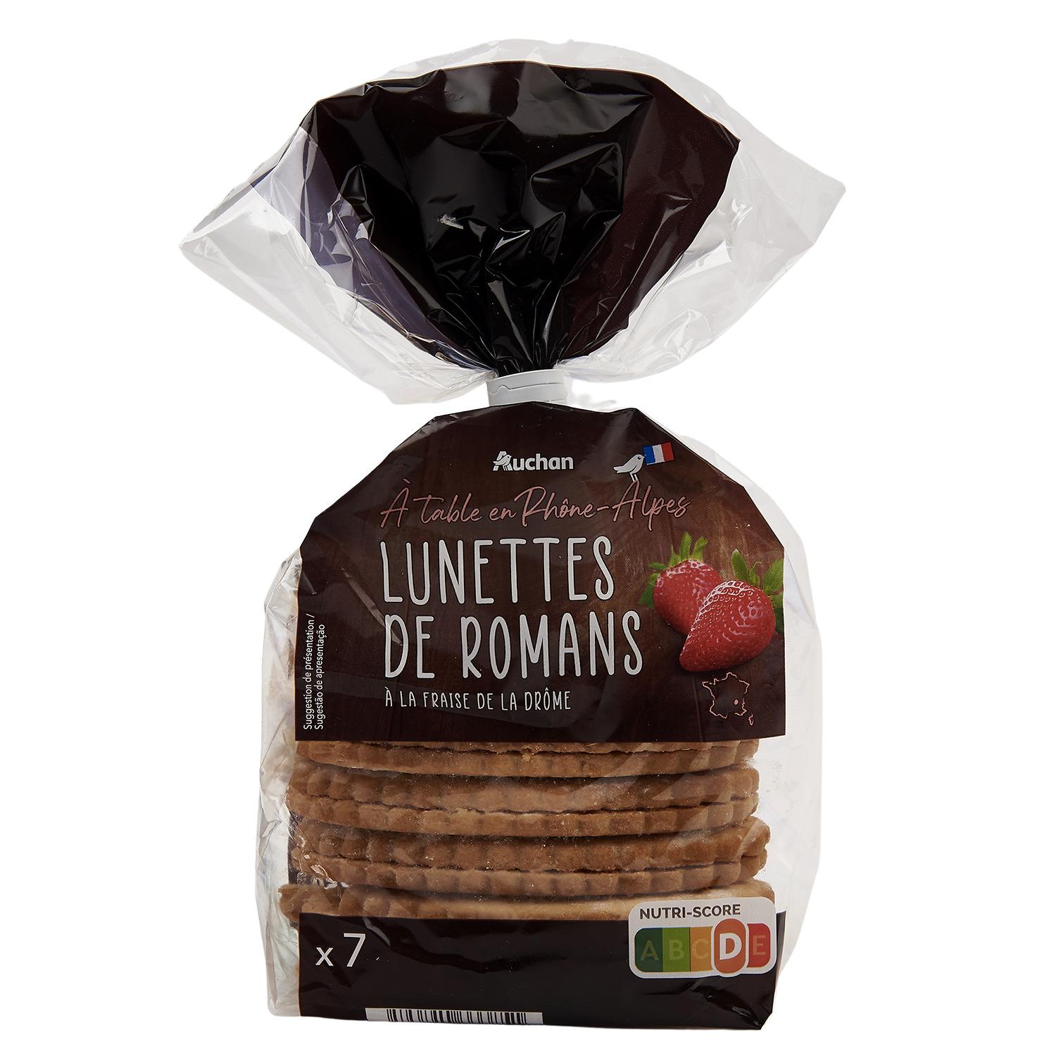 Voir la diapositive 3 : AUCHAN TERROIR Biscuits lunettes de Romans pur beurre à la fraise de la Drôme 7 biscuits 350g