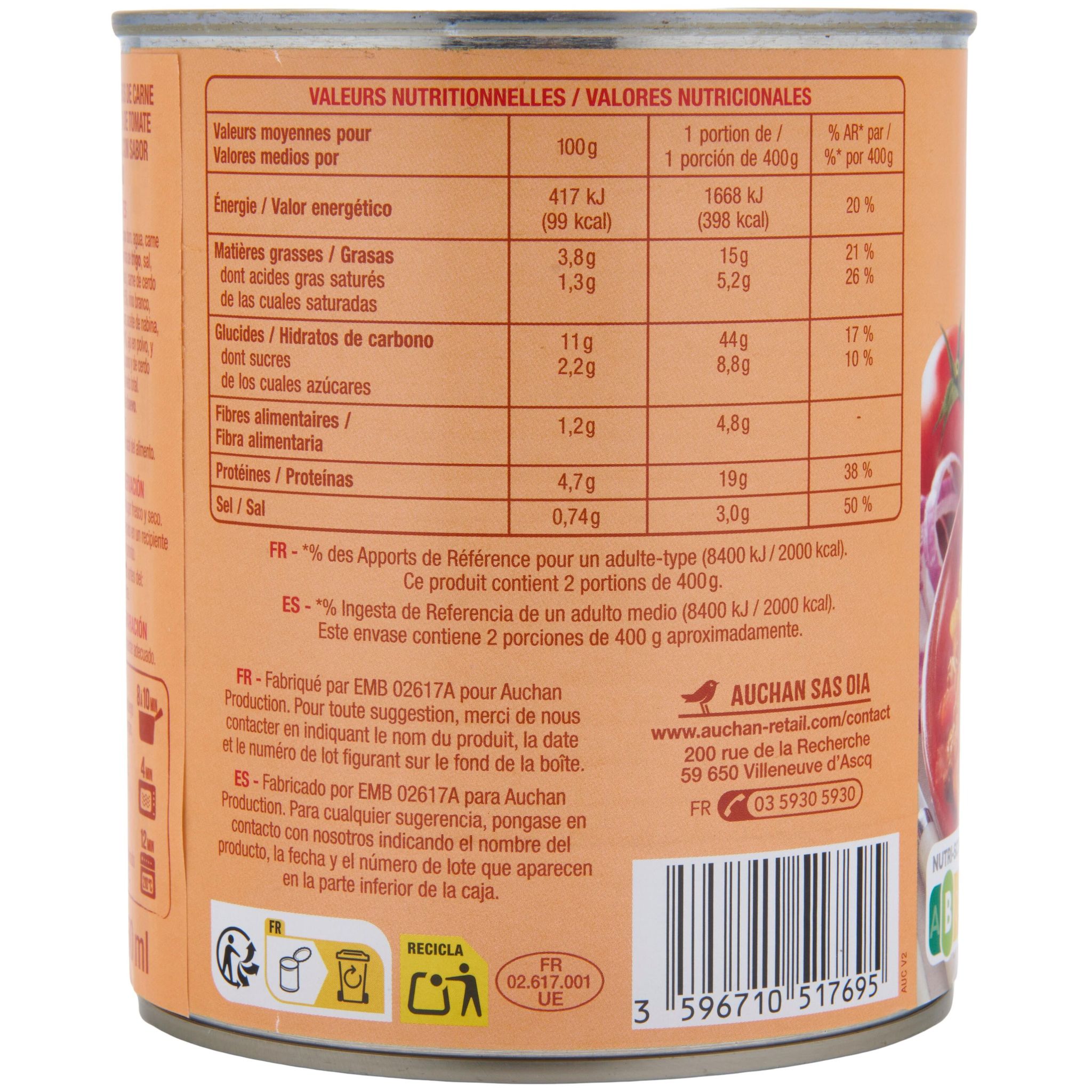 Voir la diapositive 2 : AUCHAN Ravioli à la bolognaise 2 personnes 800g