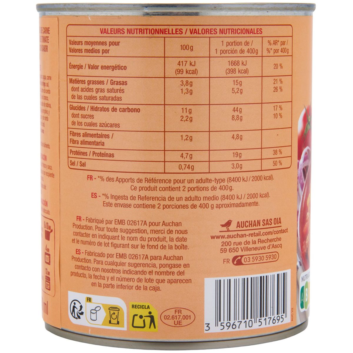 AUCHAN Ravioli à la bolognaise 2 personnes 800g