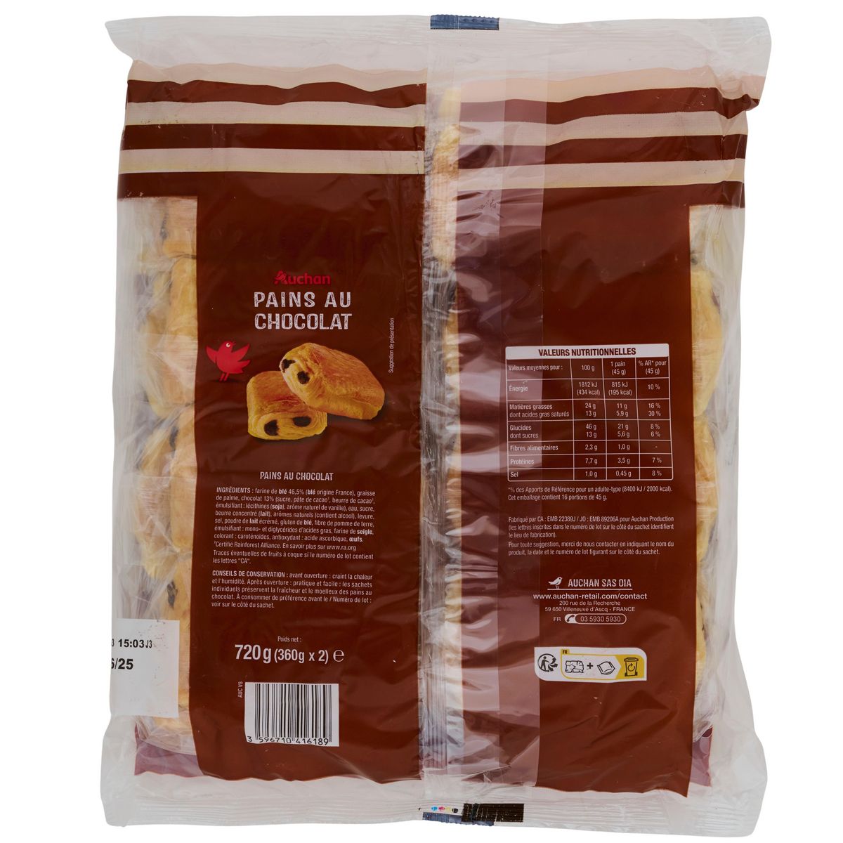AUCHAN Pains au chocolat 16 pièces 720g