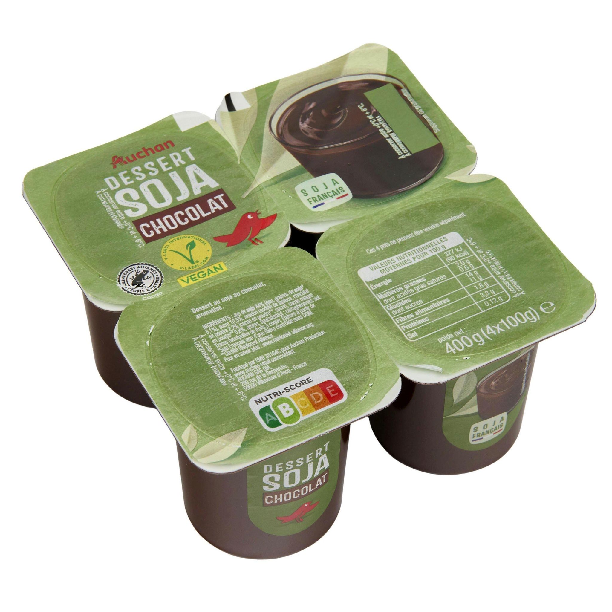 Voir la diapositive 2 : AUCHAN Dessert végétal au soja et au chocolat 4x100g