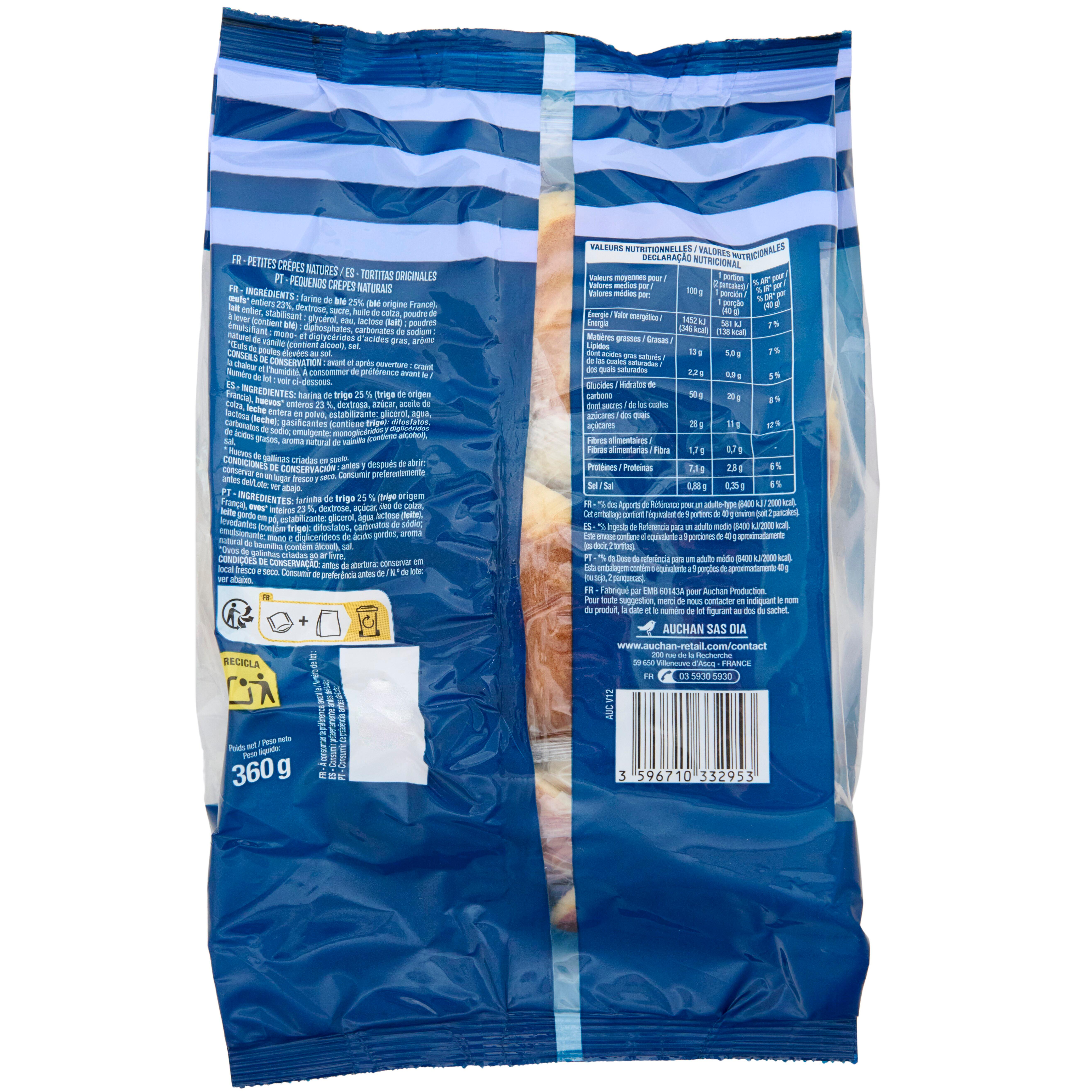 Voir la diapositive 2 : AUCHAN Pancakes natures emballages fraîcheur 9x2 pancakes 360g