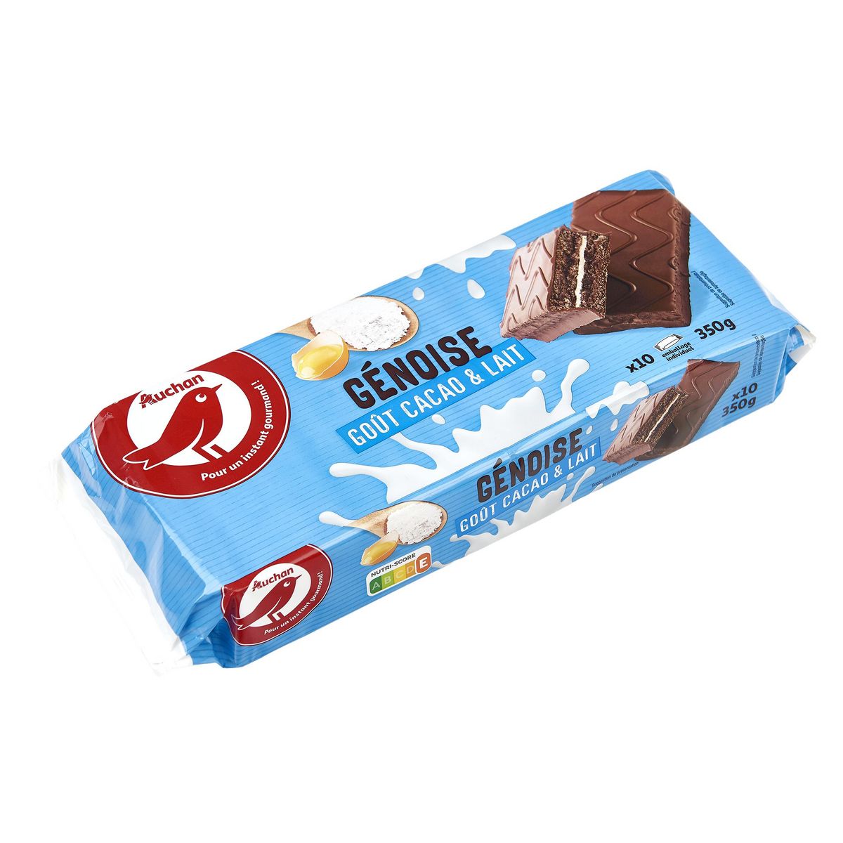 AUCHAN Génoise lait et cacao sachets individuels 10 gâteaux 350g