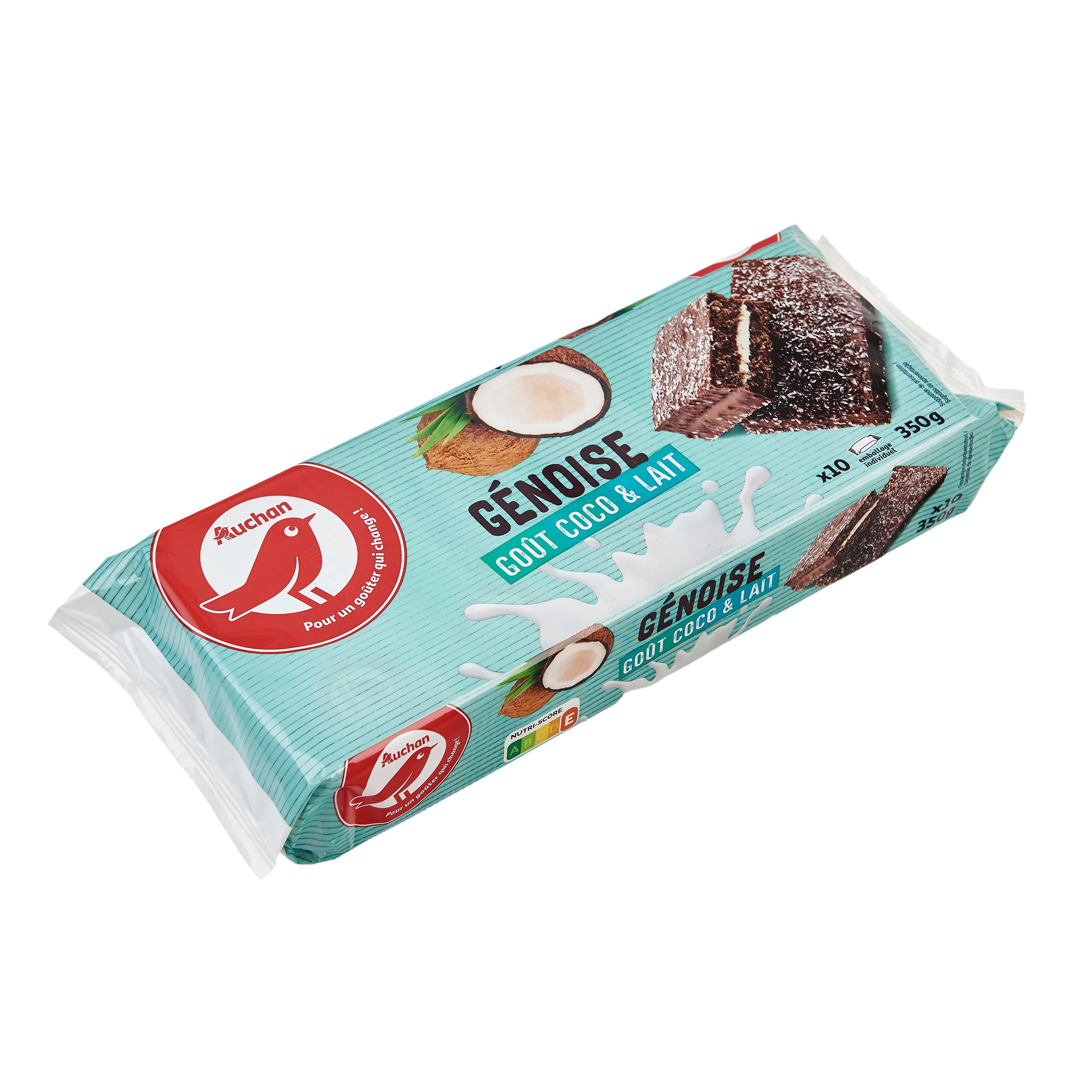 Voir la diapositive 2 : AUCHAN Génoise lait et coco, sachets individuels 10 gâteaux 350g