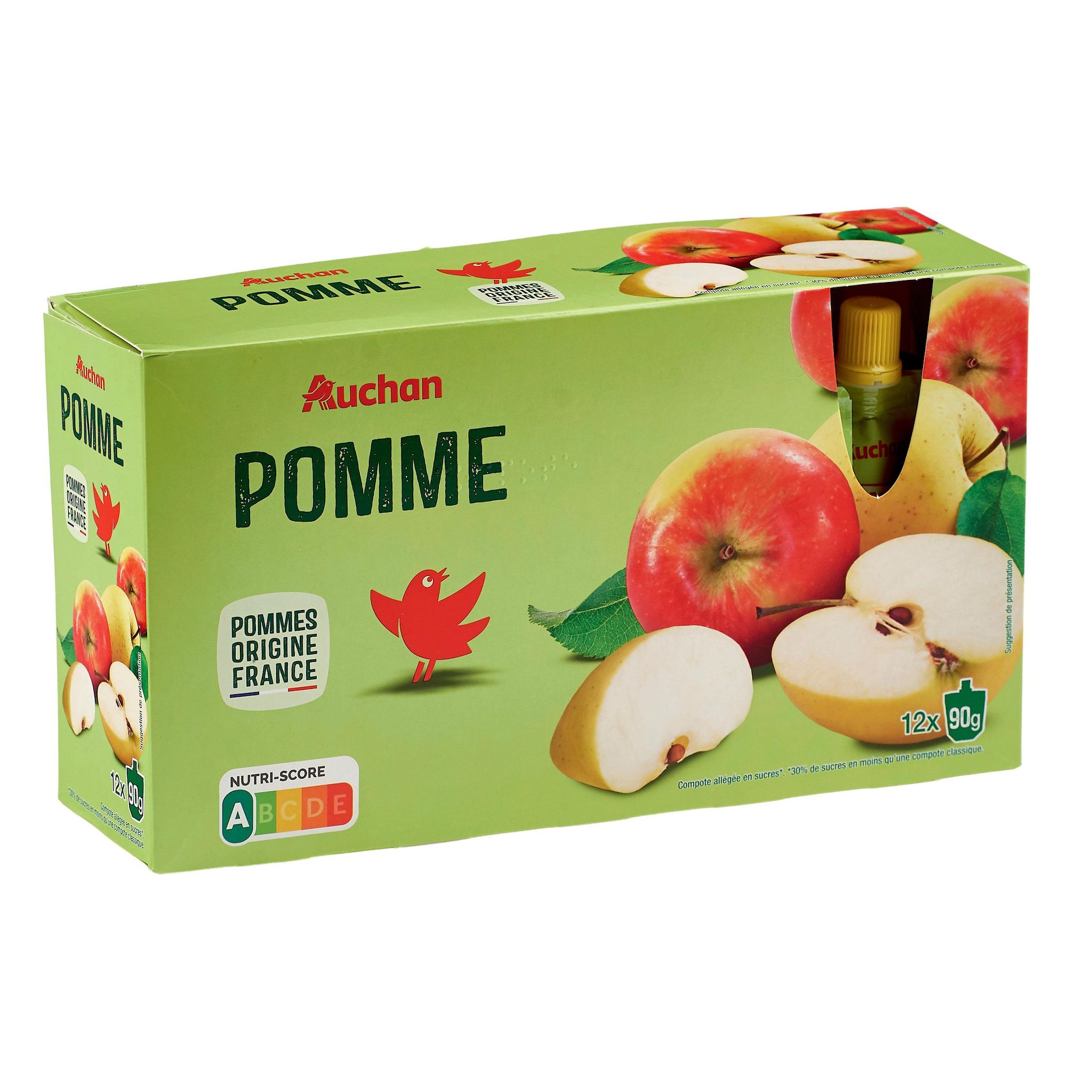 Voir la diapositive 3 : AUCHAN Gourdes compote pomme nature allégées en sucres 12x90g