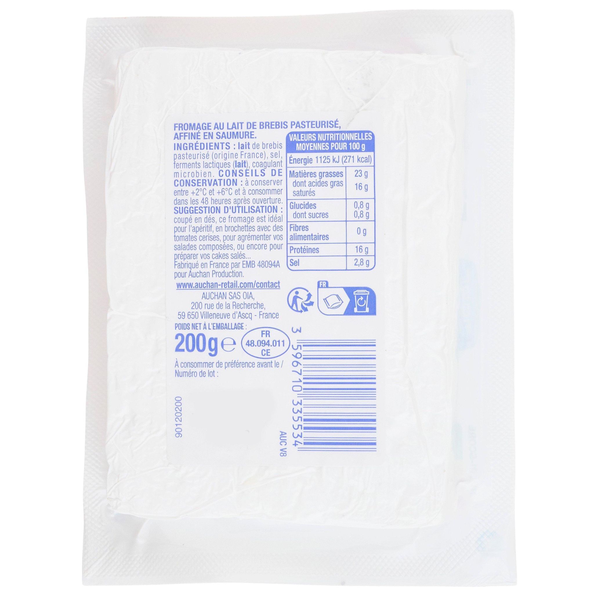 Voir la diapositive 3 : AUCHAN Fromage de brebis en tranche 200g