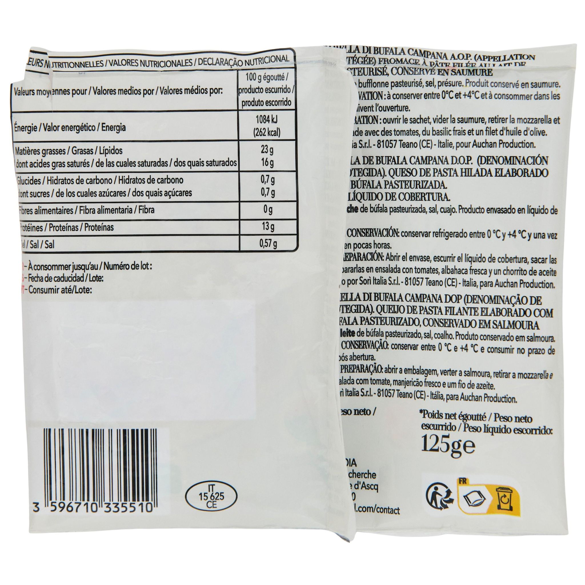 Voir la diapositive 3 : AUCHAN TAVOLA IN ITALIA Mozzarella di Bufala Campana AOP 125g