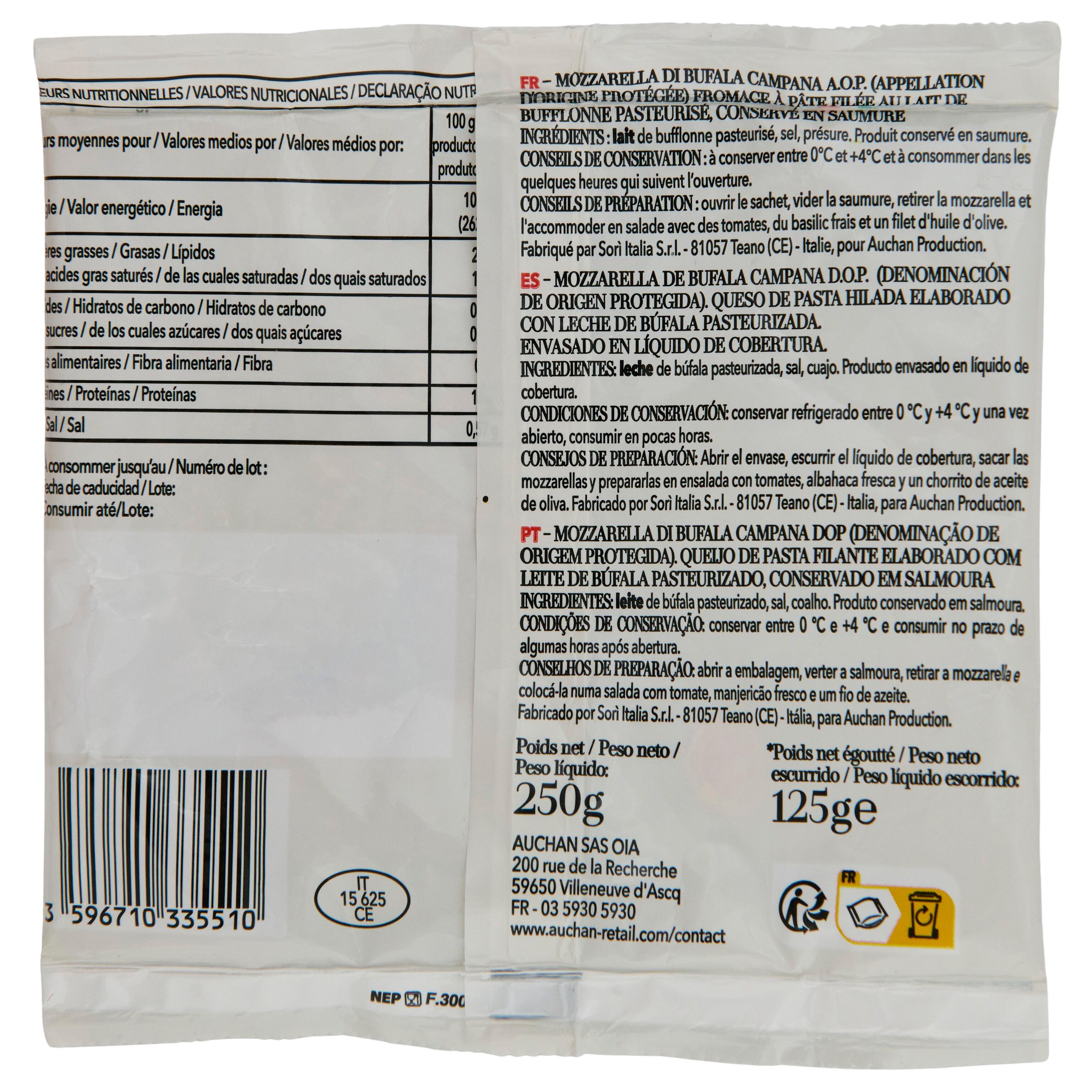 Voir la diapositive 4 : AUCHAN TAVOLA IN ITALIA Mozzarella di Bufala Campana AOP 125g