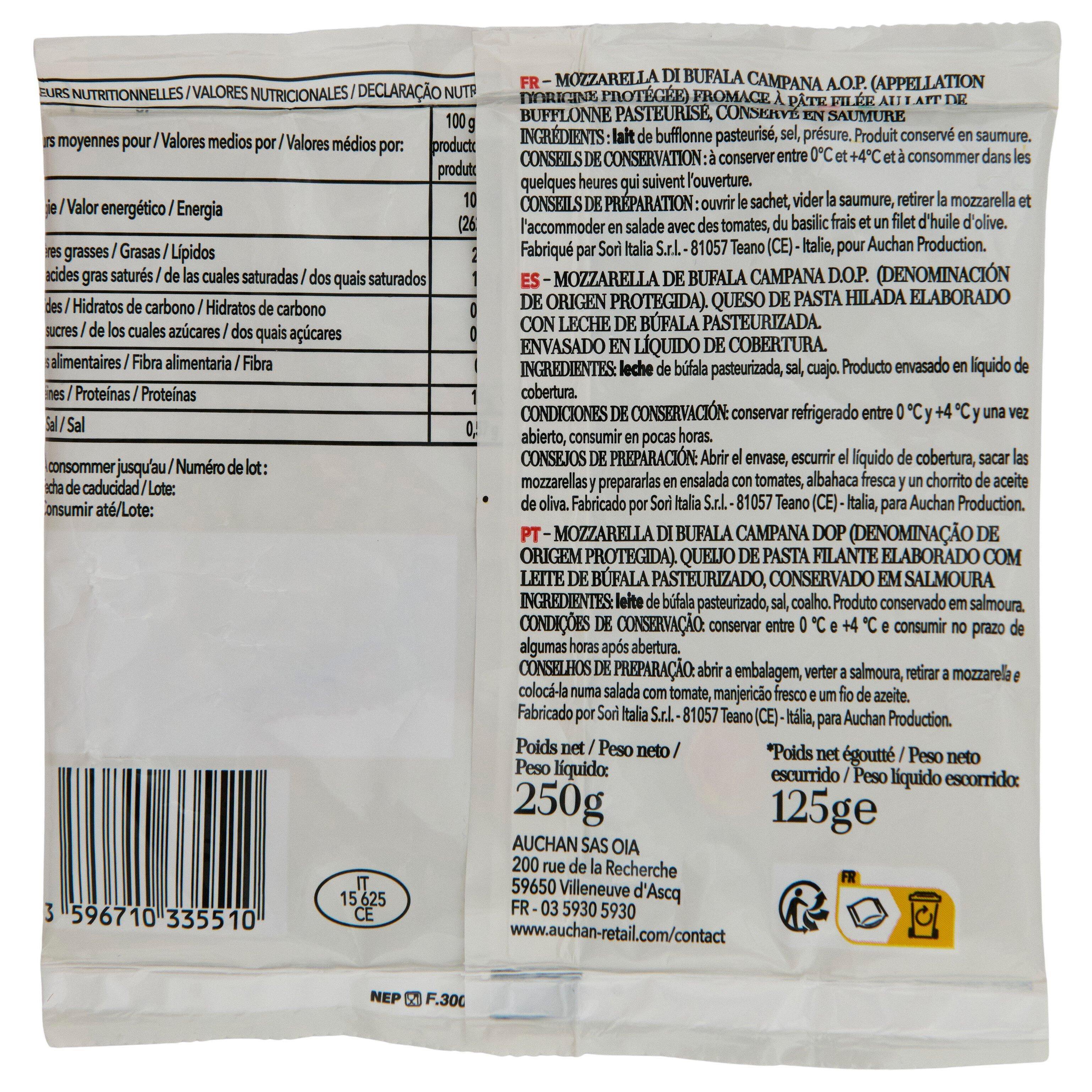 Voir la diapositive 5 : AUCHAN TAVOLA IN ITALIA Mozzarella di Bufala Campana AOP 125g