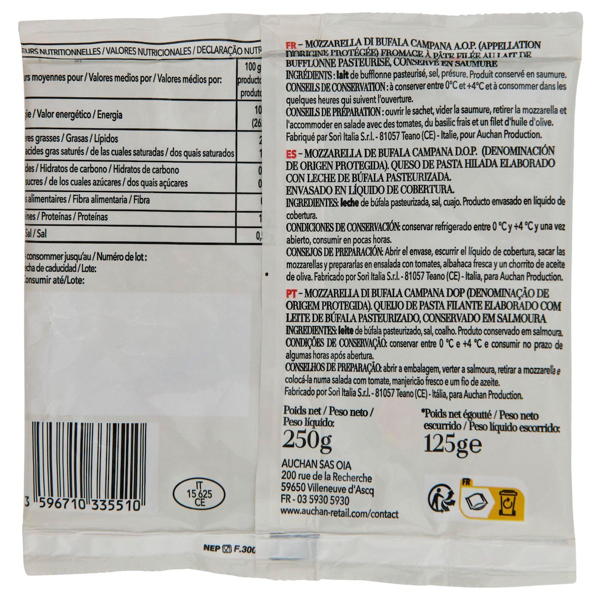 AUCHAN TAVOLA IN ITALIA Mozzarella di Bufala Campana AOP 125g