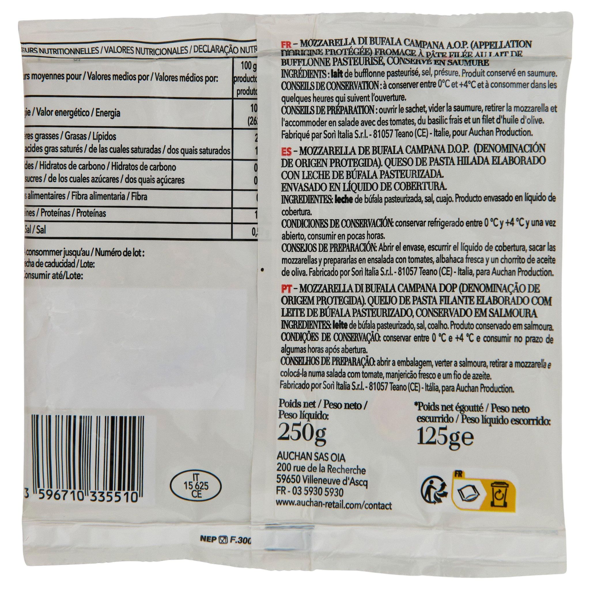 Voir la diapositive 4 : AUCHAN TAVOLA IN ITALIA Mozzarella di Bufala Campana AOP 125g