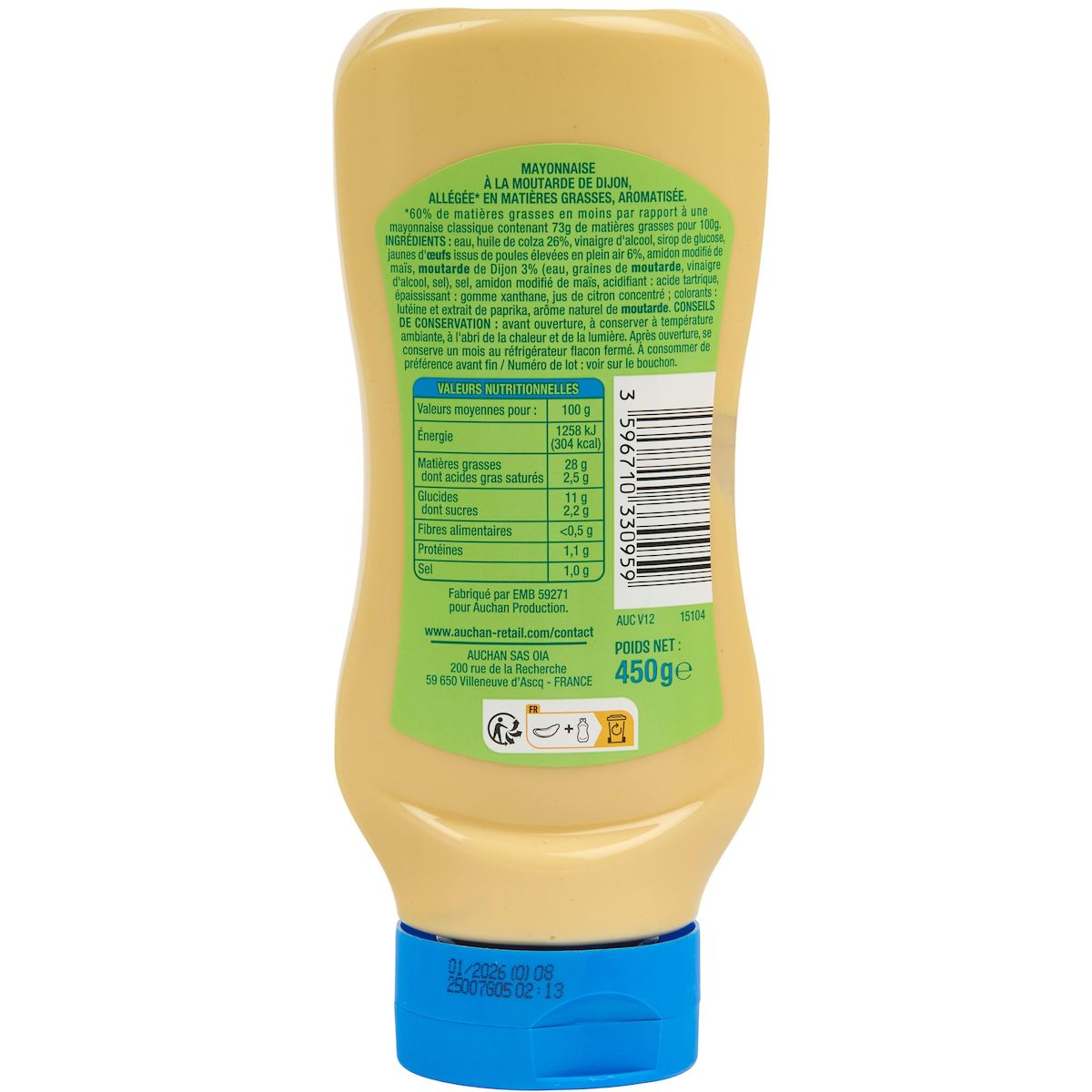 AUCHAN Mayonnaise allégée aux œufs frais flacon souple 450g
