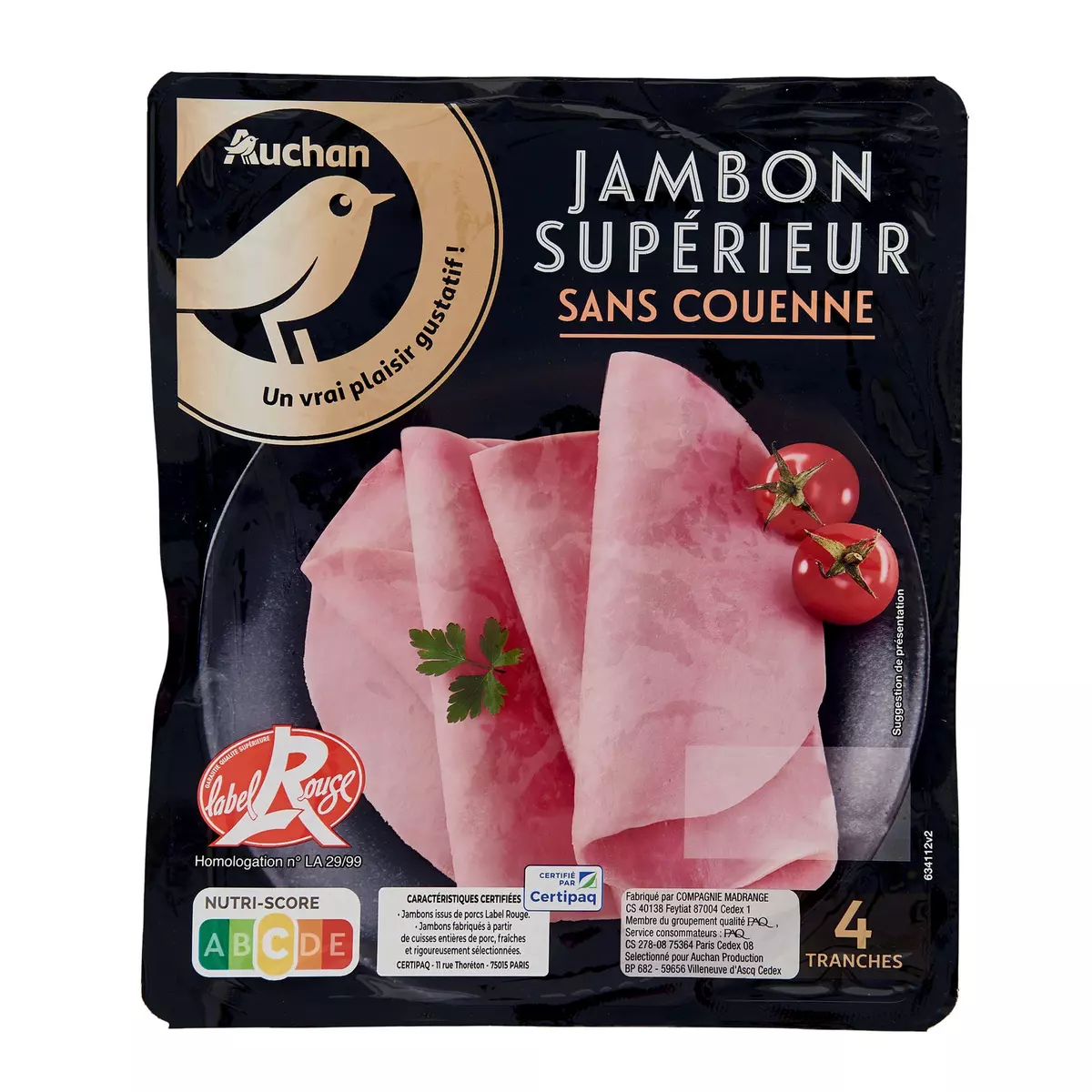 AUCHAN GOURMET Jambon supérieur label rouge 4 tranches 180g