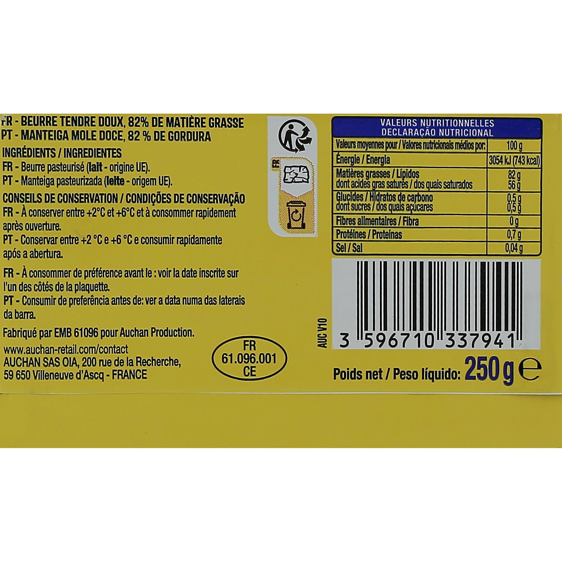 Voir la diapositive 3 : AUCHAN Beurre tendre doux 82%MG 250g