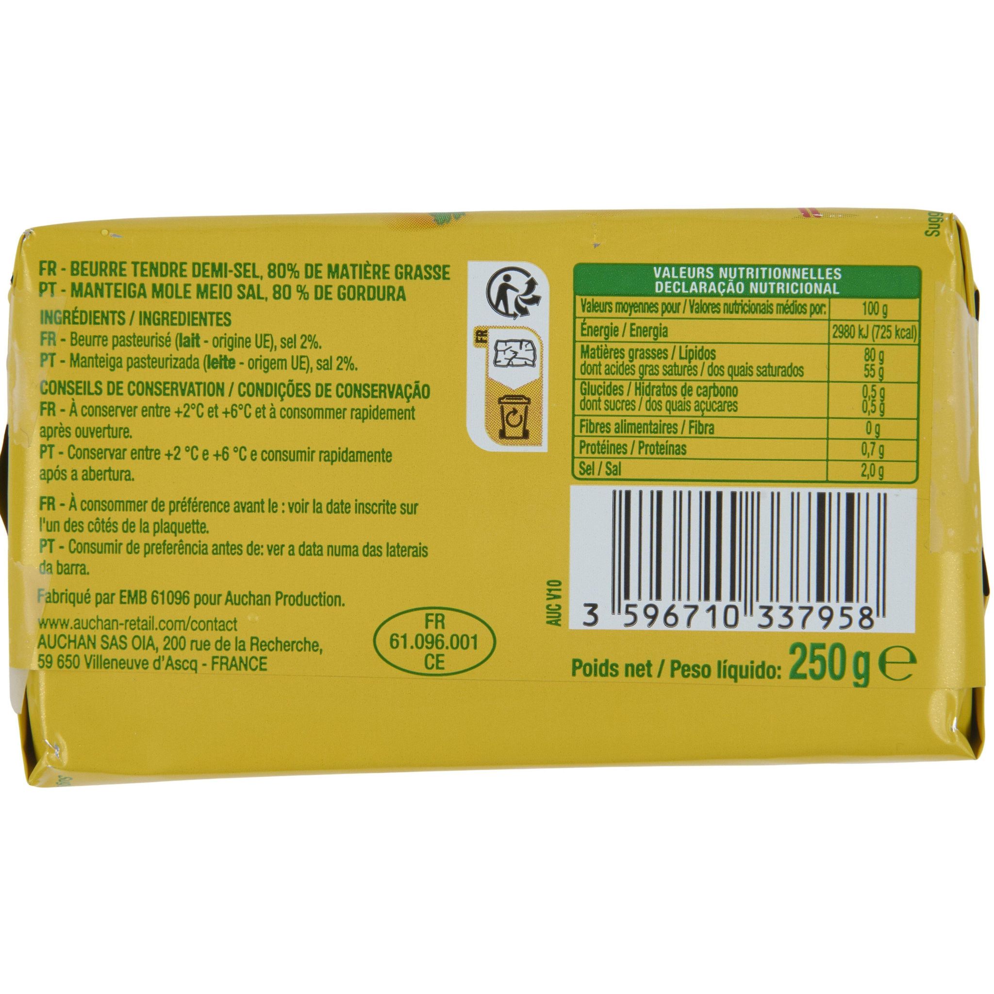 Voir la diapositive 3 : AUCHAN Beurre tendre demi-sel 80%MG 250g