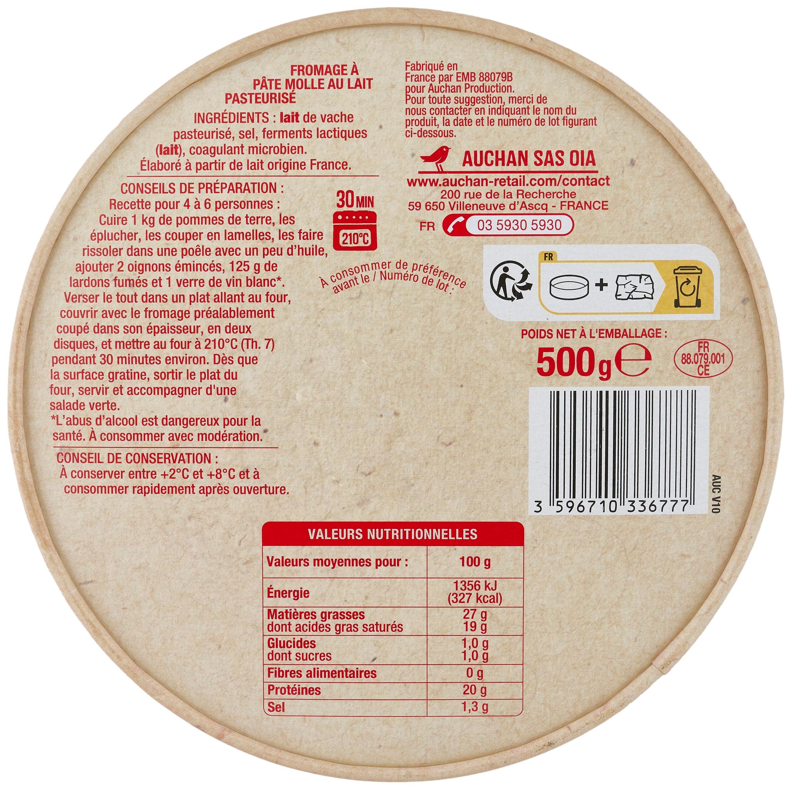 Voir la diapositive 2 : AUCHAN Fromage pour tartiflette 4/6 parts 500g