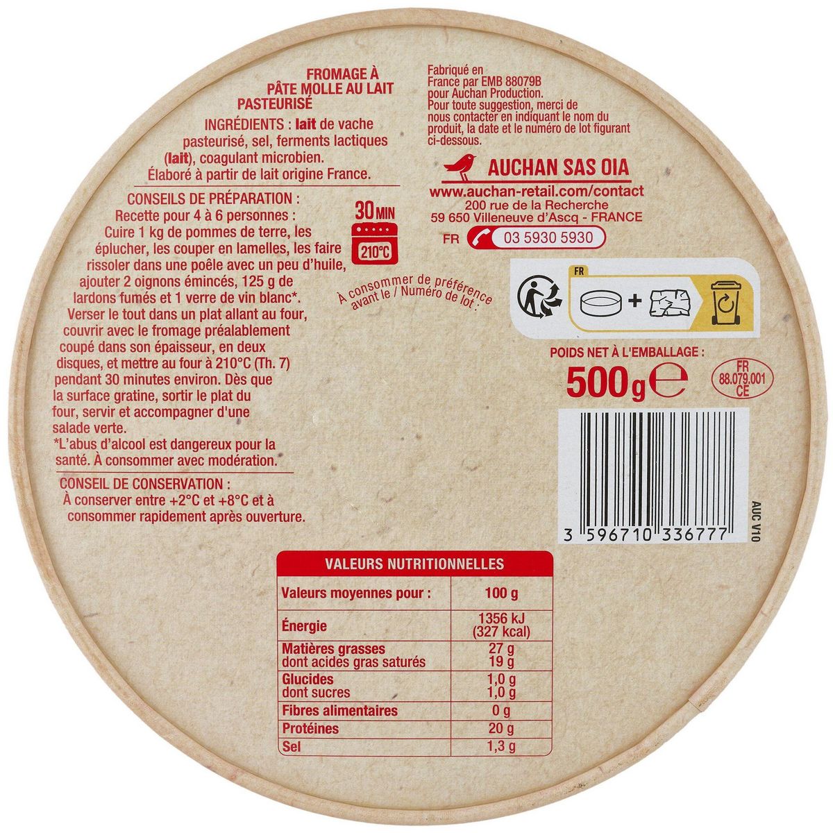 AUCHAN Fromage pour tartiflette 4/6 parts 500g
