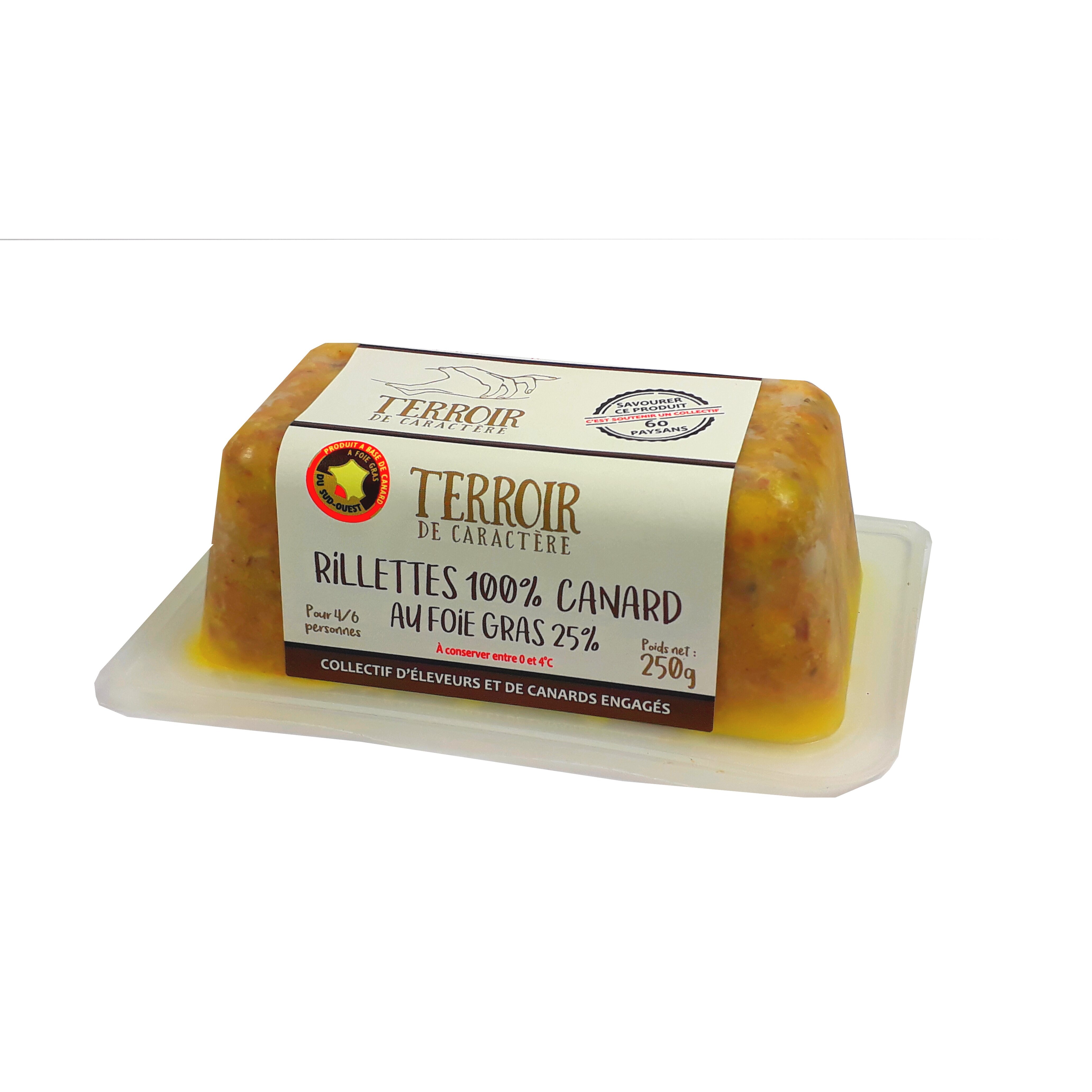 Voir la diapositive 2 : TERROIR DE CARACTERE Rillettes 100% canard au fois gras 25% du Sud-Ouest 4/6 parts 250g