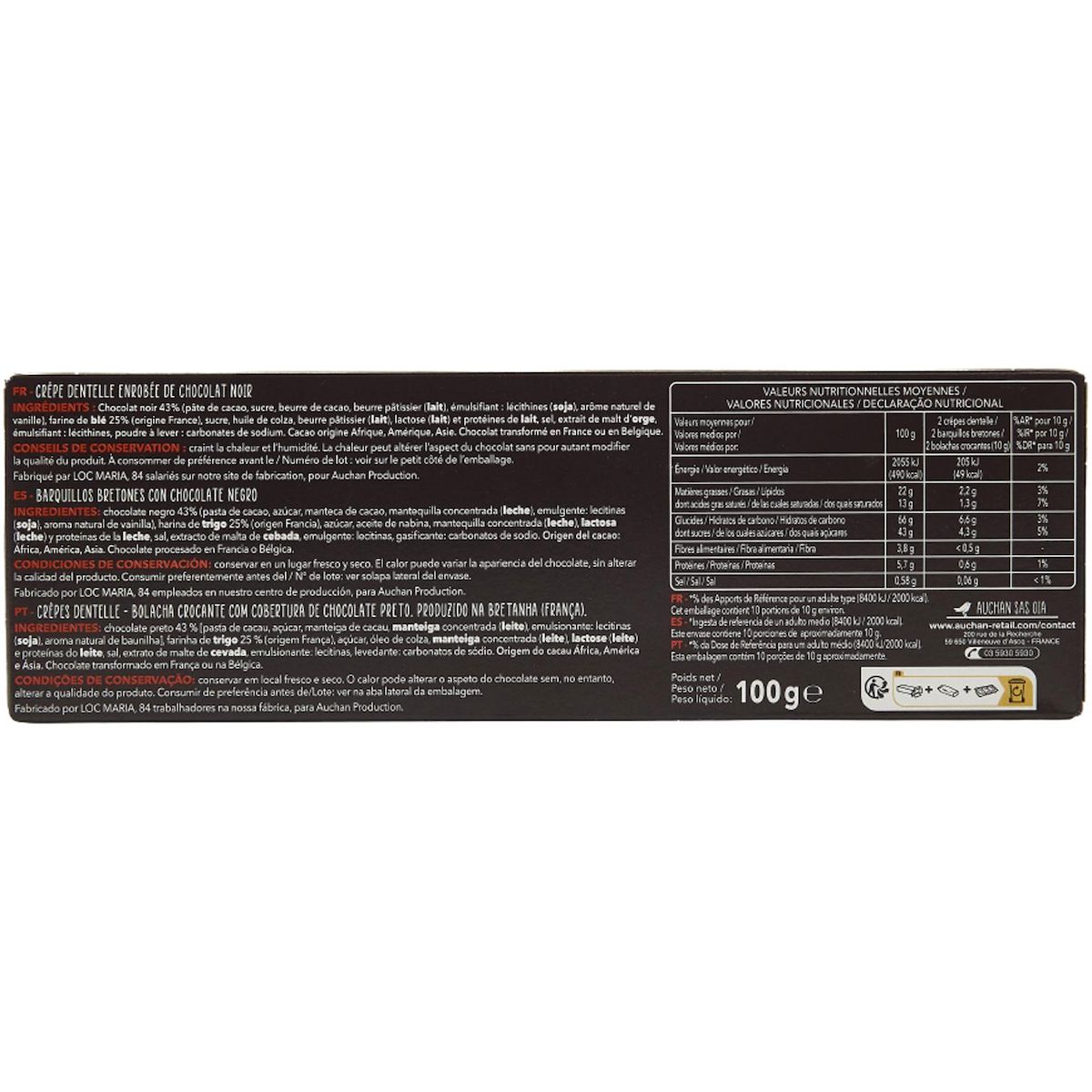 AUCHAN TERROIR Crêpes dentelle au chocolat noir 100g