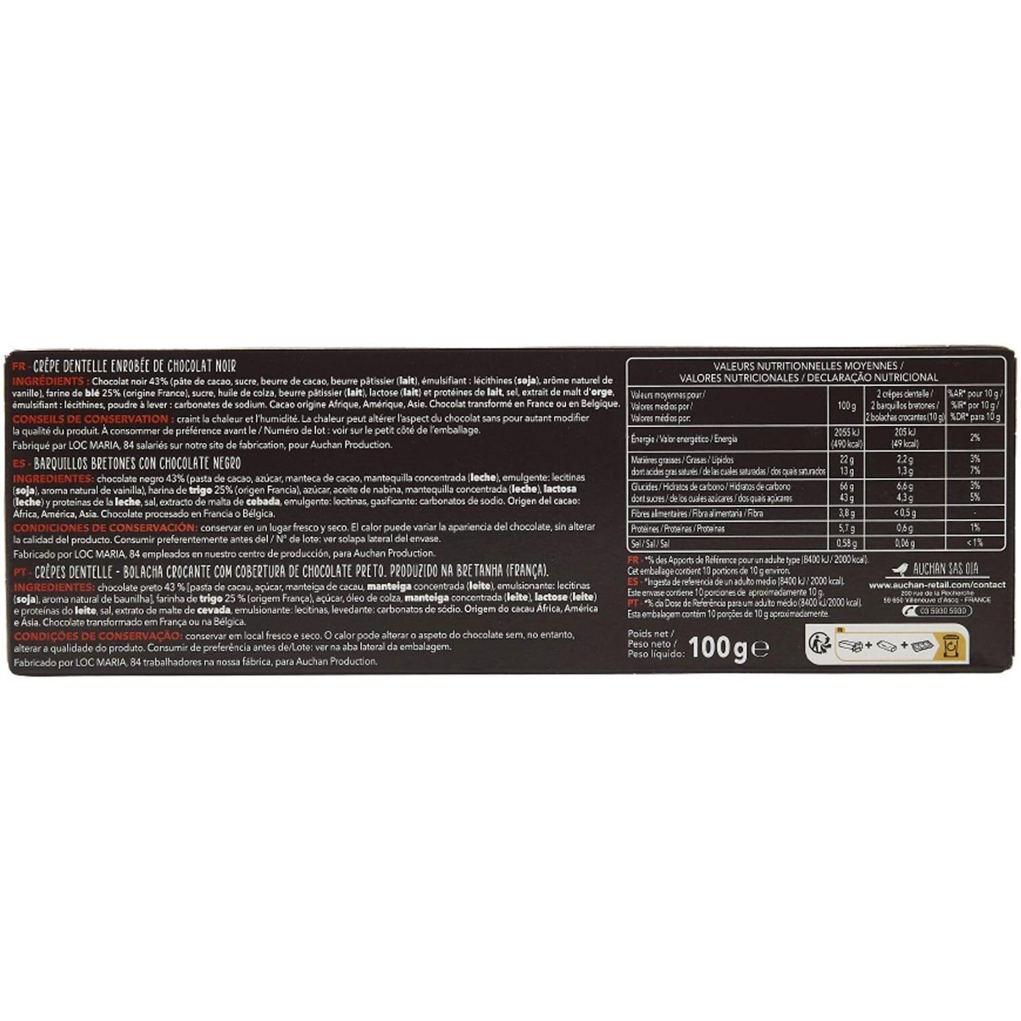 Voir la diapositive 4 : AUCHAN TERROIR Crêpes dentelle au chocolat noir 100g