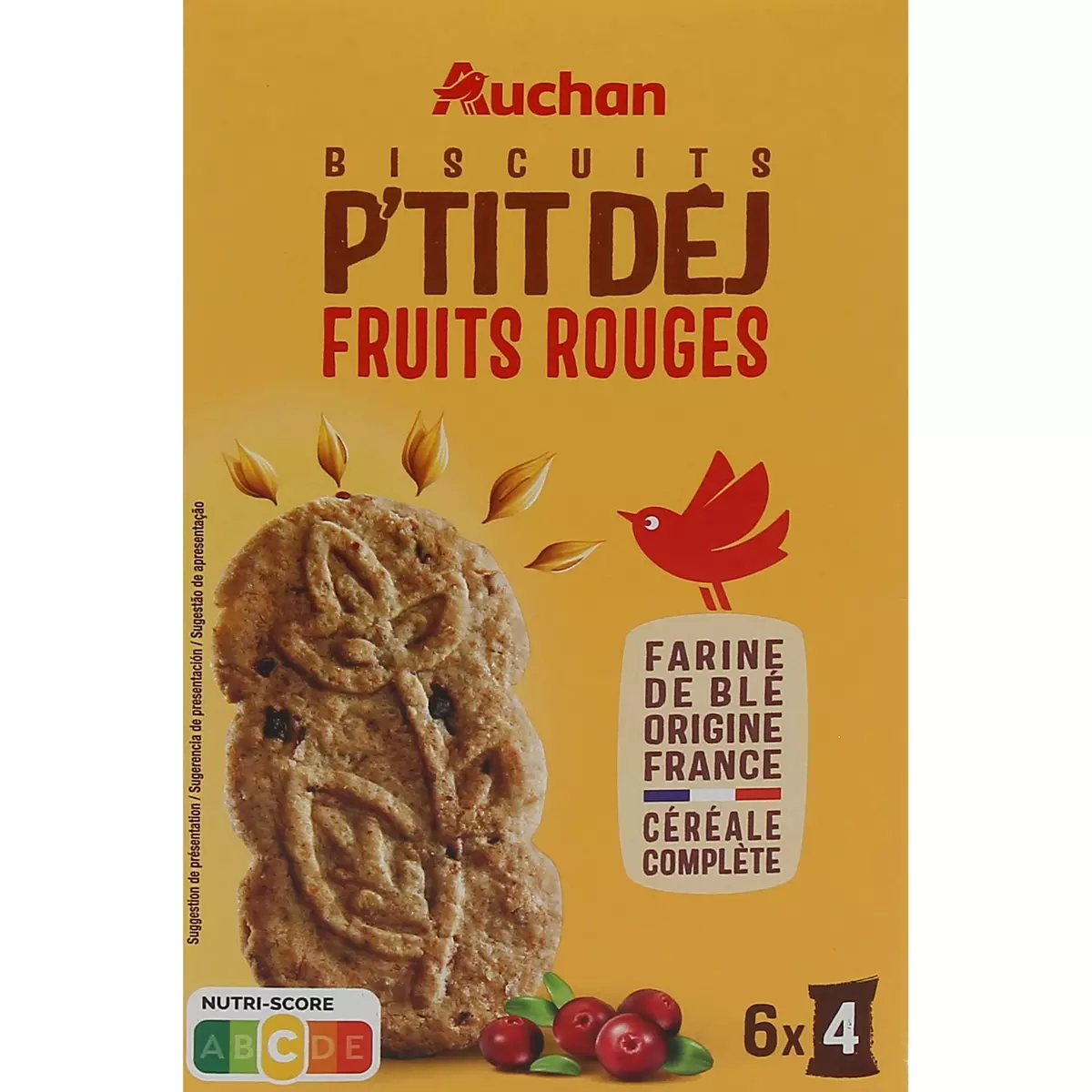 AUCHAN Biscuits petit-déjeuner aux céréales fruits rouges, sachets fraîcheur 6x4 biscuits 300g