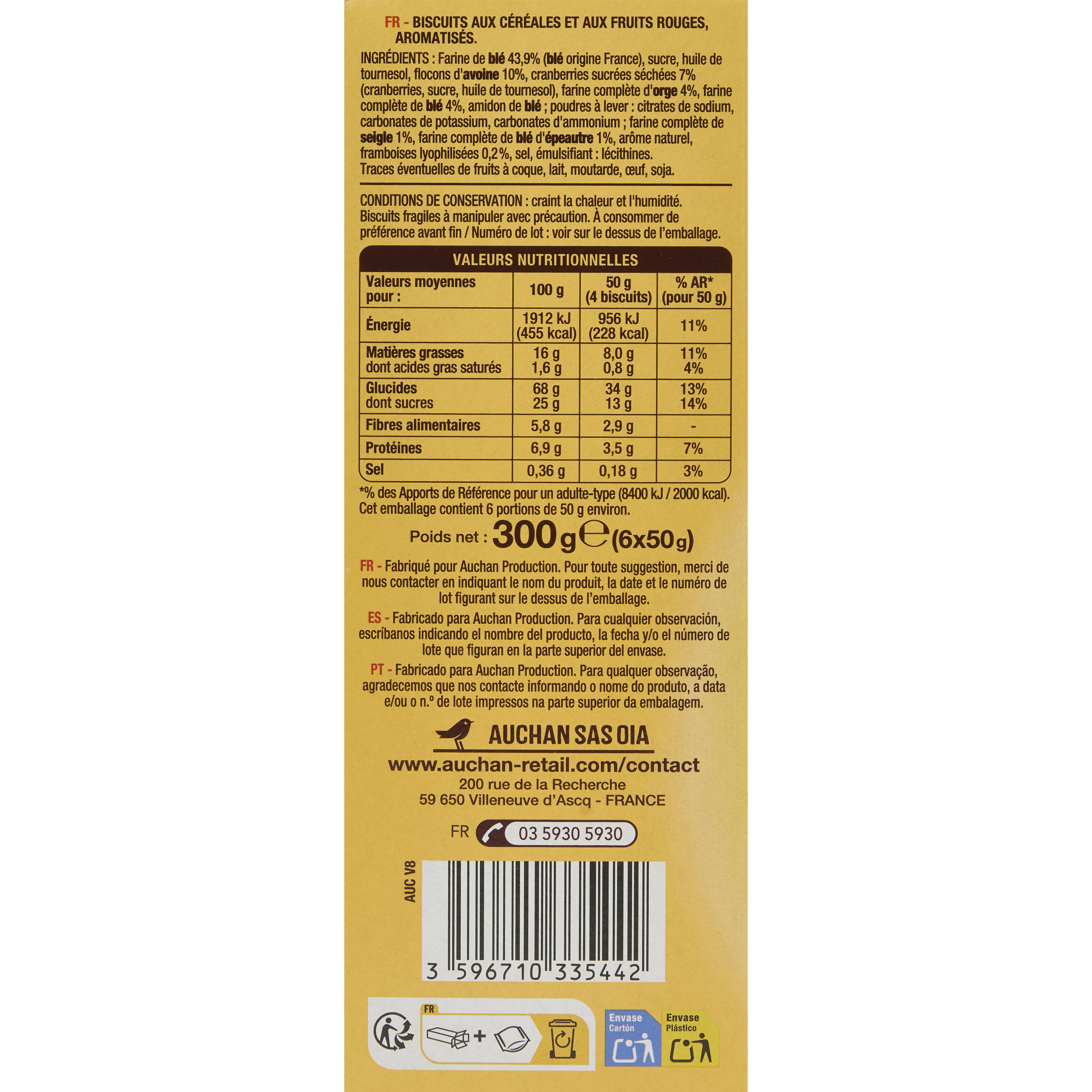 Voir la diapositive 2 : AUCHAN Biscuits petit-déjeuner aux céréales fruits rouges sachets fraîcheur 6x4 biscuits 300g