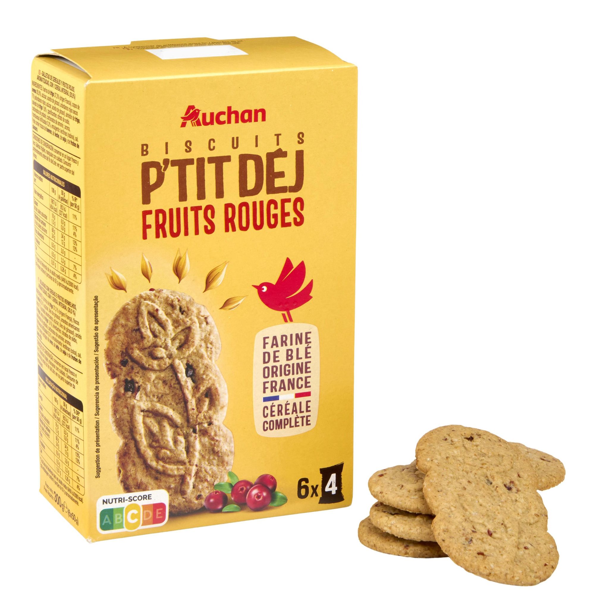 Voir la diapositive 2 : AUCHAN Biscuits petit-déjeuner aux céréales fruits rouges sachets fraîcheur 6x4 biscuits 300g