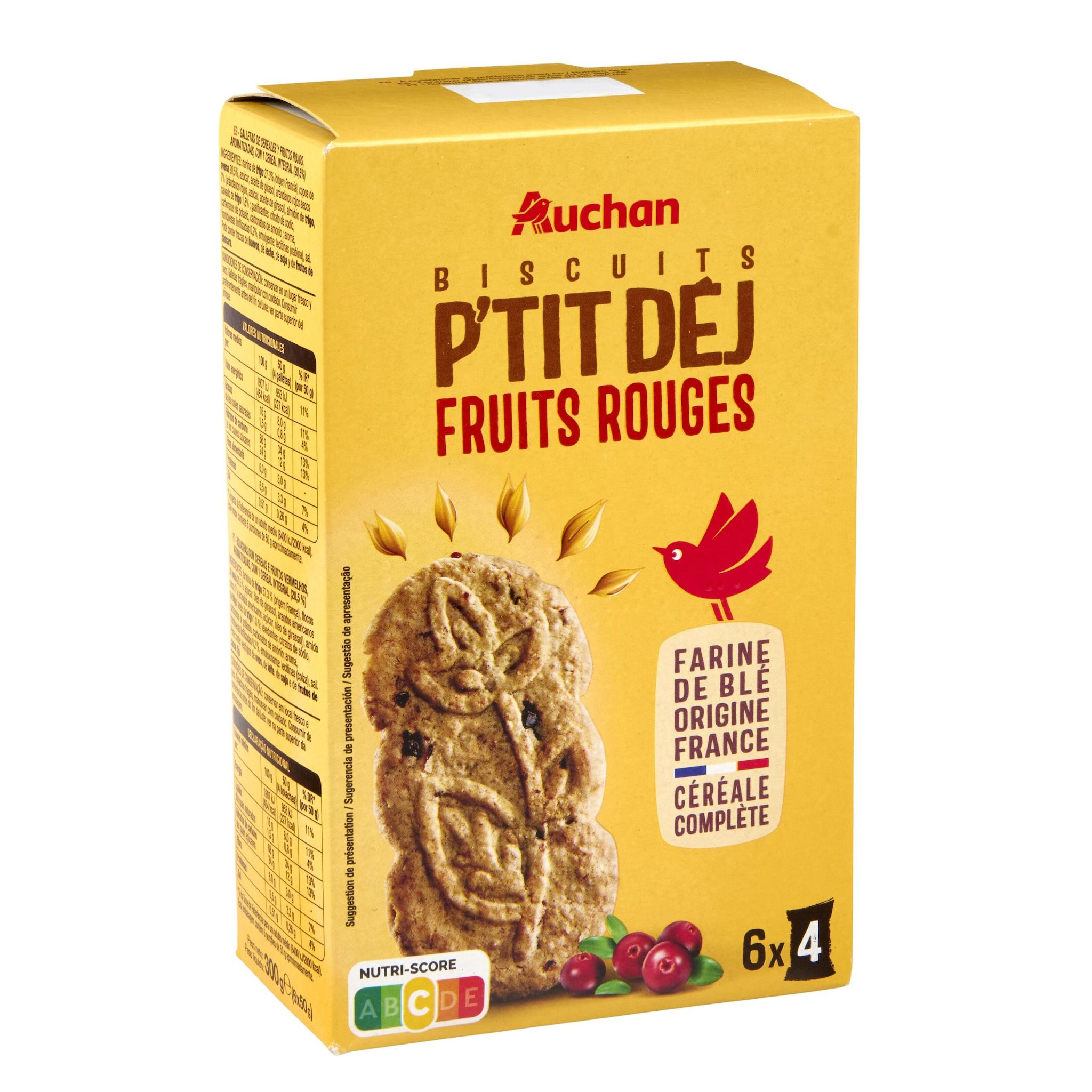 Voir la diapositive 3 : AUCHAN Biscuits petit-déjeuner aux céréales fruits rouges sachets fraîcheur 6x4 biscuits 300g