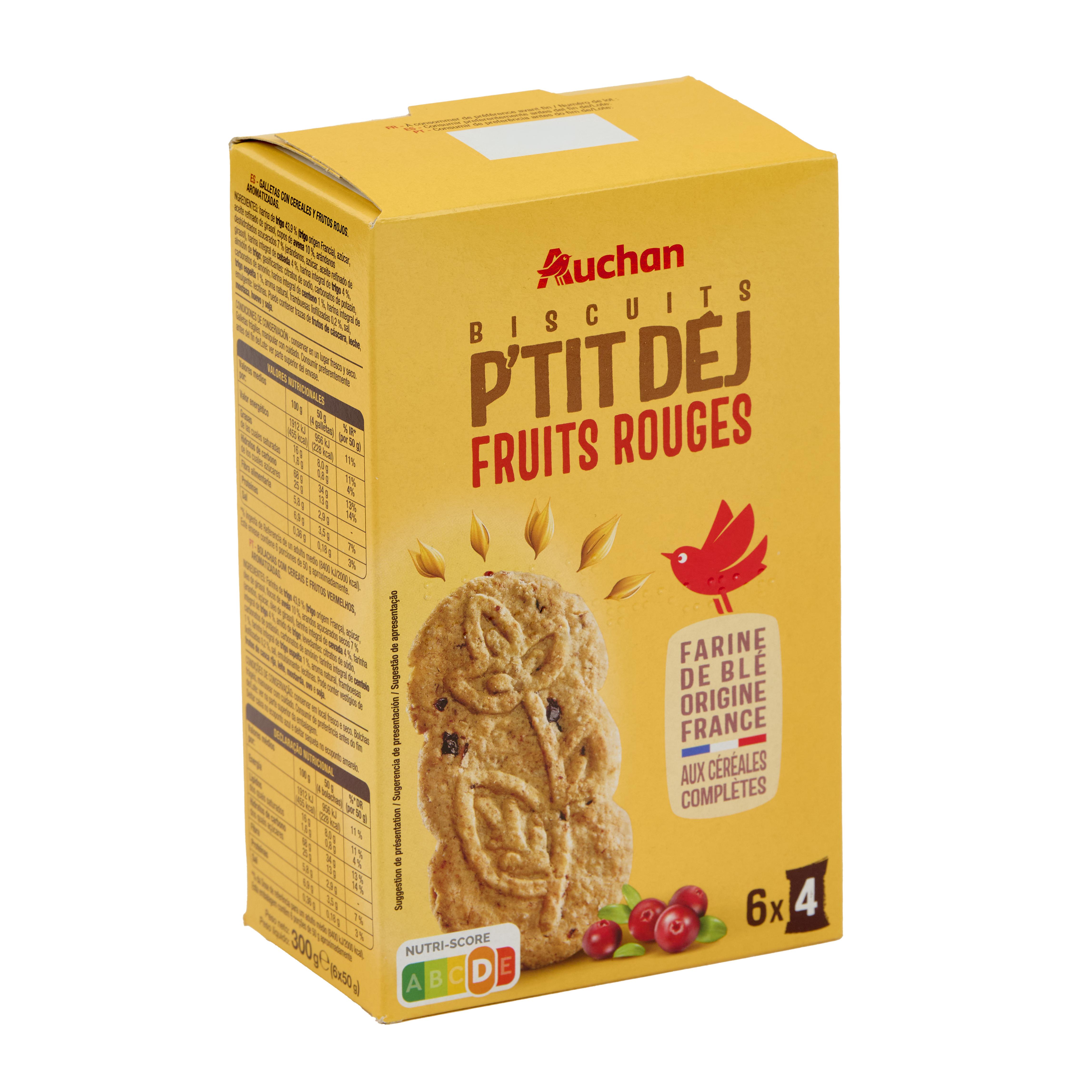 Voir la diapositive 5 : AUCHAN Biscuits petit-déjeuner aux céréales fruits rouges sachets fraîcheur 6x4 biscuits 300g