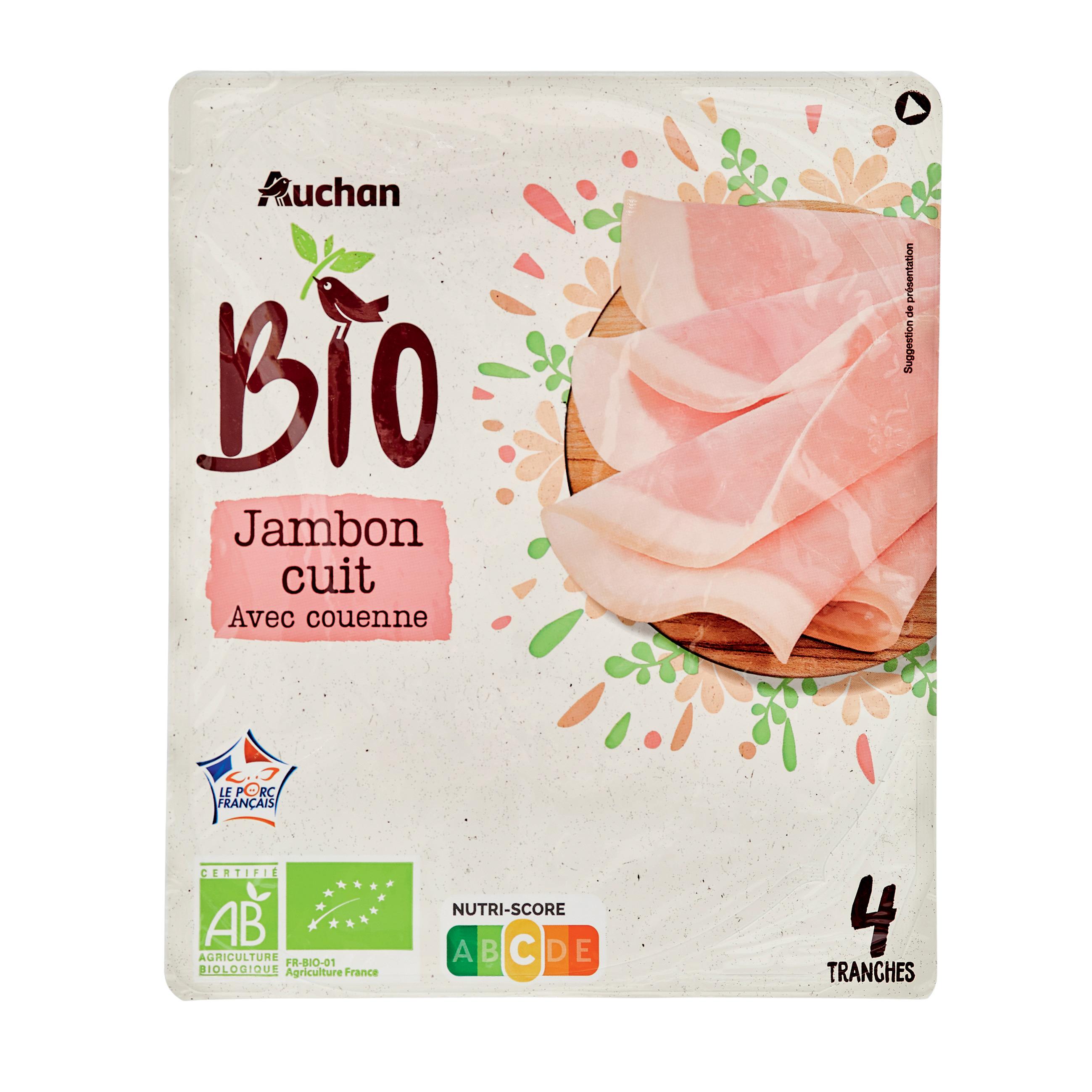 Voir la diapositive 2 : AUCHAN BIO CULTIVONS LE BON Jambon supérieur avec couenne 4 tranches 120g