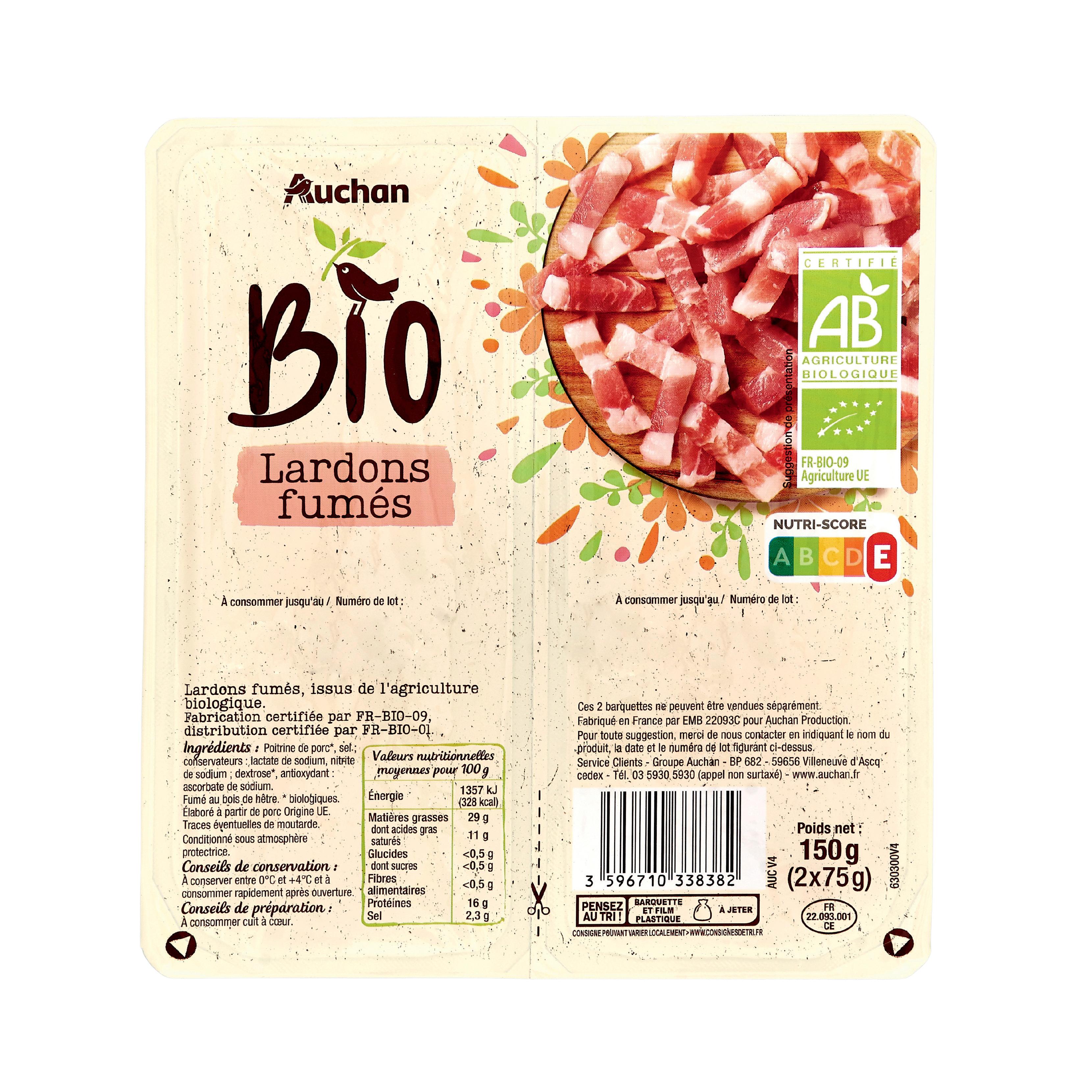 Voir la diapositive 2 : AUCHAN BIO Lardons fumés 2x75g